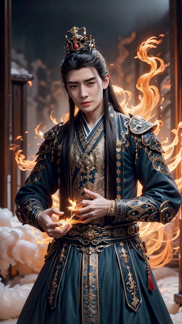 masterpiece, best quality, official art, extremely detailed CG unity 8k, wallpaper, Glowing ambiance, enchanting radiance, luminous lighting, ethereal atmosphere, mesmerizing glow, evocative hues, captivating coloration, dramatic lighting, enchanting aura, solo, 1 boy, masculinity ,square face, Green clothes, Tall and strong in stature, male focus, forehead mark, black hair, facial mark, looking at viewer, blurry, armor, closed mouth, black eyes, long hair, upper body, blurry background, crown, black background, brown hair, realistic, (full body:1), epic cinematic, soft nature lights, rim light, absurd, amazing, funny, itricate, hyper detailed, ultra realistic, East Asia, Chinese style architecture,<lora:add_detail:0.8>,  <lora:韩立-第二季:0.85>