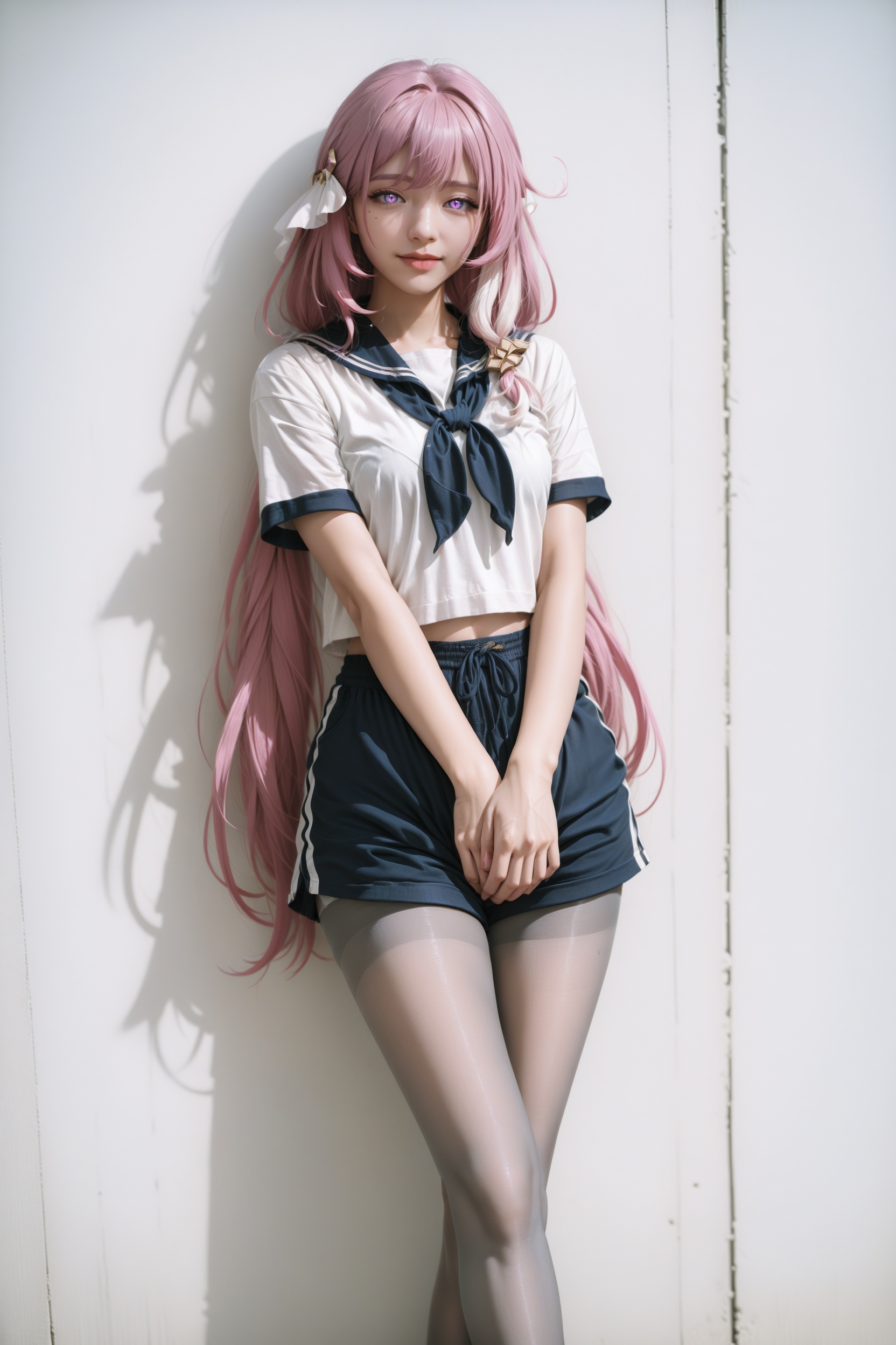 realistic photography,detailed,.,.,.,1girl,feet out of frame,.,<lora:ME:0.25>,grey pantyhose,makeup,sailor shirt,<lora:RE10-000020:0.85>,looking at viewer,light smile,elysia \(herrscher of human: ego\) \(honkai impact\),long hair,low twintails,gym shorts,standing,crossed legs,, very awa, masterpiece, best quality, highres, absurdres,
