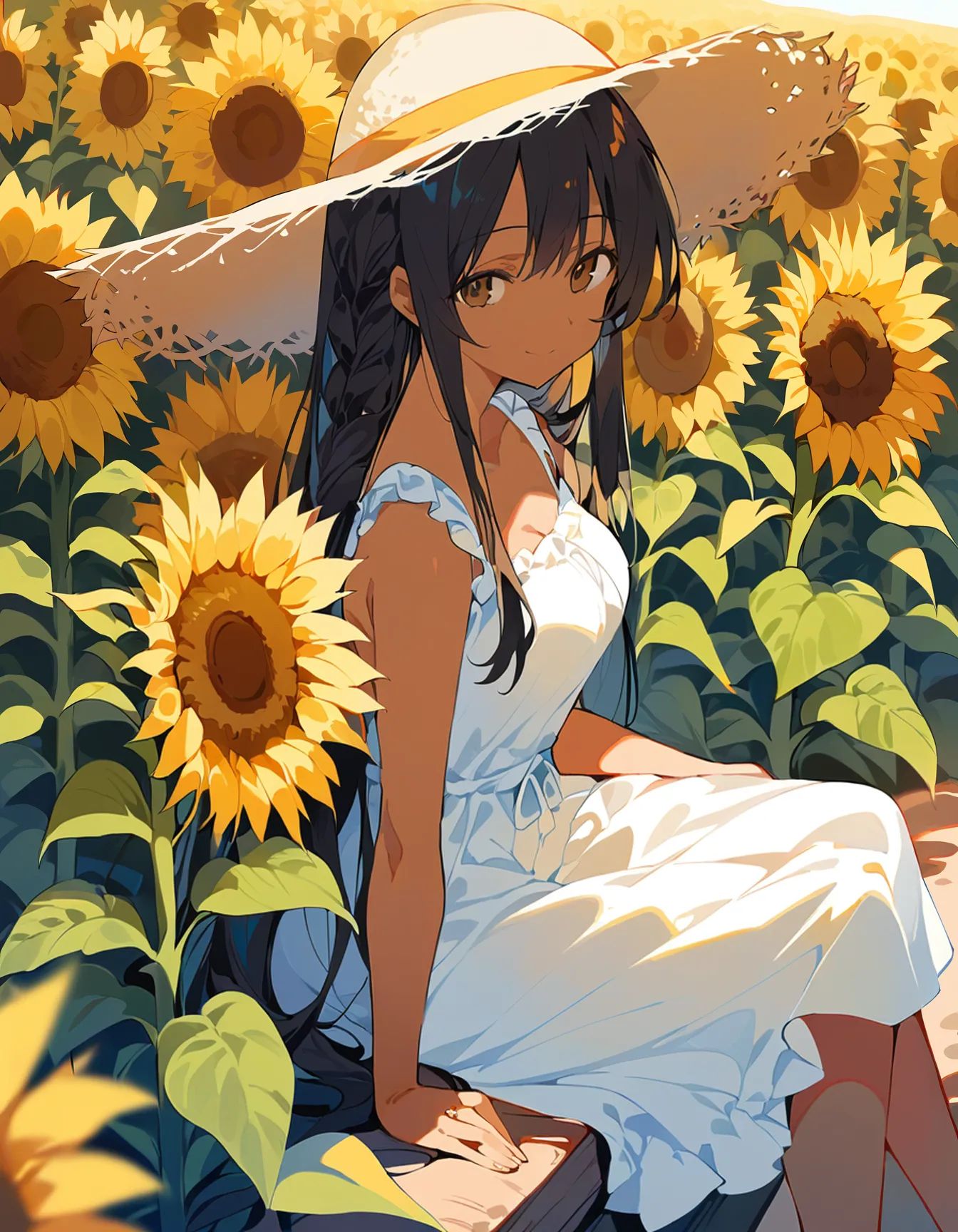 1girl sitting sunflower_field,  medium_breasts, on Tensor.Art