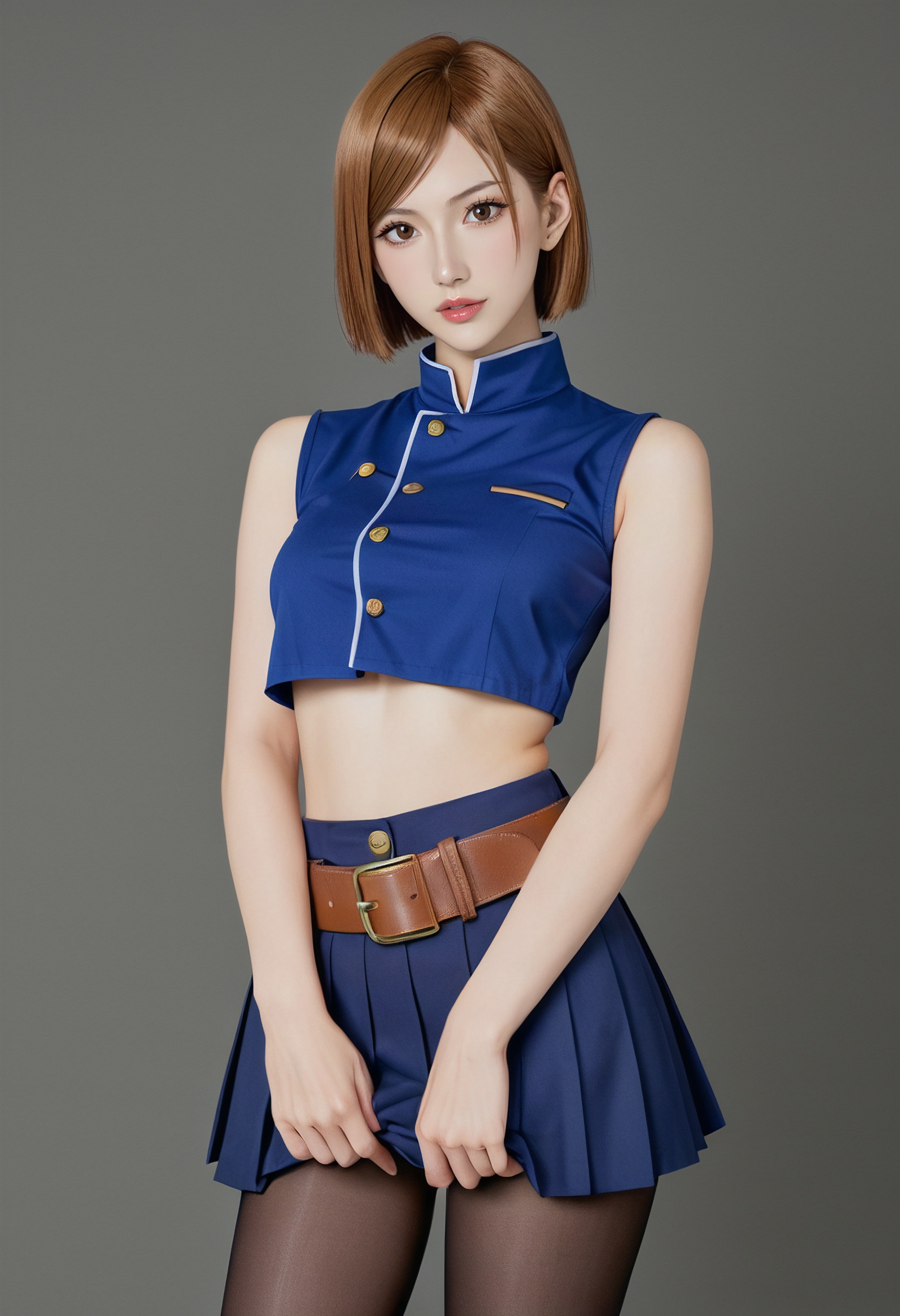 score_9,score_8_up,score_7_up,score_6_up,Expressiveh,masterpiece,nsfw,nobara kugisaki,bob cut,brown eyes,brown hair,lips,short hair,belt,brown belt,brown pantyhose,crop top,crop top overhang,jujutsu tech uniform,pantyhose,pleated skirt,shirt tucked in,skirt,blue skirt,blue crop top,she opens her clothes showing bare breasts,nipples,*****,clitoris,(Jujutsu Kaisen anime style),