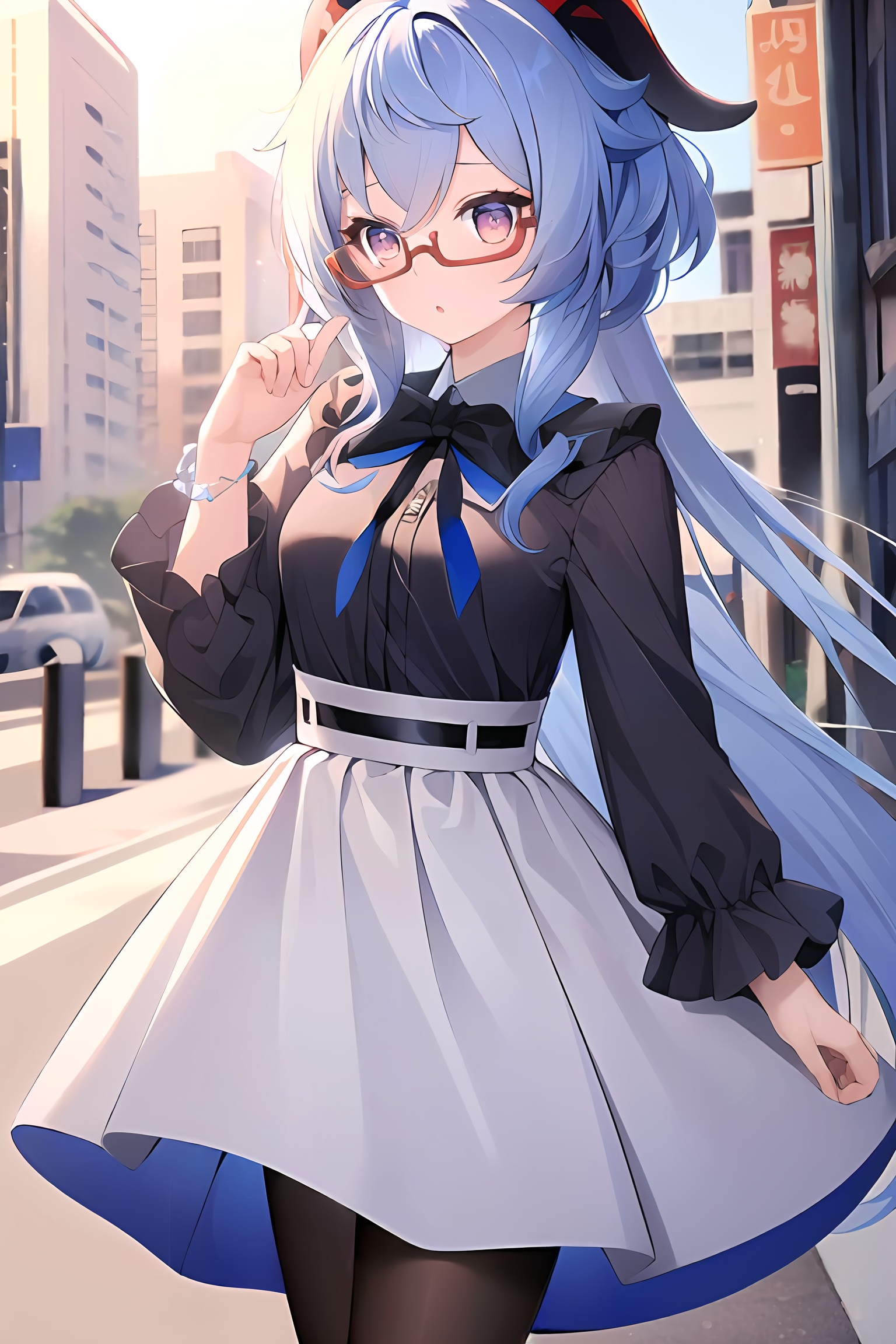 (masterpiece, best quality:1.2),insanely detailed,absurdres,ultra-highres,ultra-detailed,best quality,slender,kawaii,perfect symmetrical face,ultra cute girl,ultra cute face,ultra detailed eyes,ultra cute,ultra beautifu,<lora:ganyu_all-000001:1>,day,street,outdoors,ganyu \(china merchants bank\) \(genshin impact\),ganyu \(genshin impact\),1girl,solo,blue bow,frilled sleeves,bow,glasses,frills,long hair,shirt,red-framed eyewear,long skirt,long skirt,purple eyes,long skirt,long sleeves,bowtie,black pantyhose,:o,