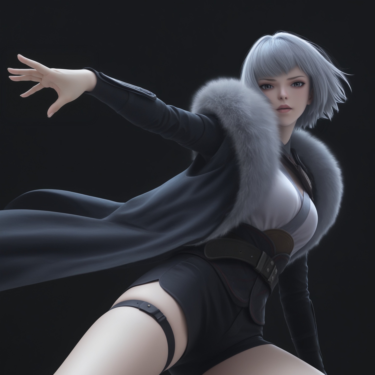 (score_9),masterpiece,best quality,absurdres,highres,(white_skin),(Ivory_skin),light_skin,BREAK<lora:白月魁-ill:0.83>,name\(byk\),1girl,solo,short hair,grey hair,grey eyes,fur trim,single pauldron,cape,belt,black shorts,thigh strap,bare legs,BREAKlooking at viewer,front view,fighting stance,face focus,BREAKsimple background,black background,