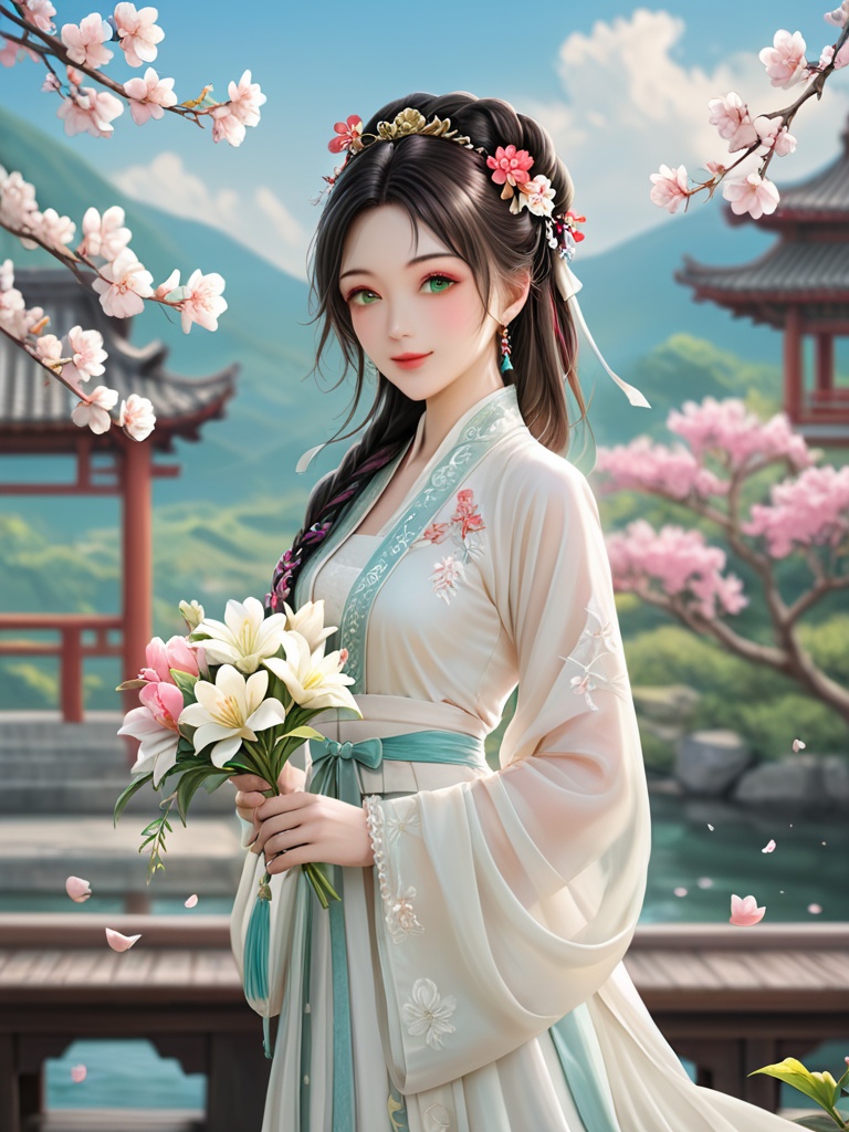 1girl,fox black_hair,blue_sky,blurry,blurry_background,branch,cherry_blossoms,chinese_clothes,day,depth_of_field,flower,hanami,hanfu,lips,long_hair,full body,hanfu,flower,green eyes,,blonde hair,braid,dress,white dress,ahoge,hair intakes,ribbon,closed mouth,white flower,realistic,lips,french braid,from side,sidelocks,white bow,hair bow,bow,white ribbon,field,french braid,frills,green flower,hair flower,hat flower,hibiscus,holding bouquet,holding flower,hydrangea,lily bracelet,flower,outdoors,petals,pink_flower,pink_theme,plum_blossoms,realistic,smile,solo,spring_\(season\),standing,tree,wide_sleeves, <lora:宋制汉服_v1.0:0.7> <lora:国风插画SDXL:0.41>, masterpiece, best quality,