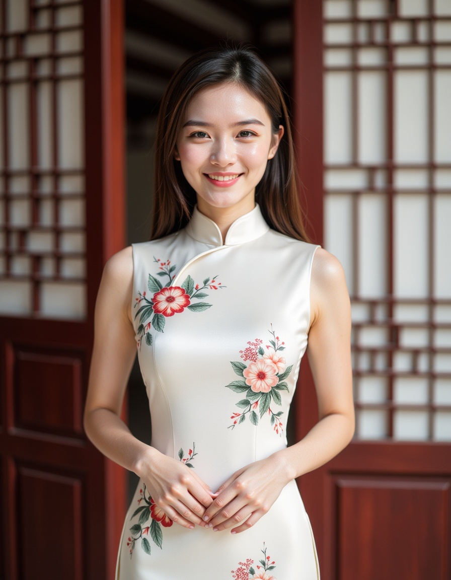 1girl,waist up,realistic,white cheongsam,indoors,chinese style architecture