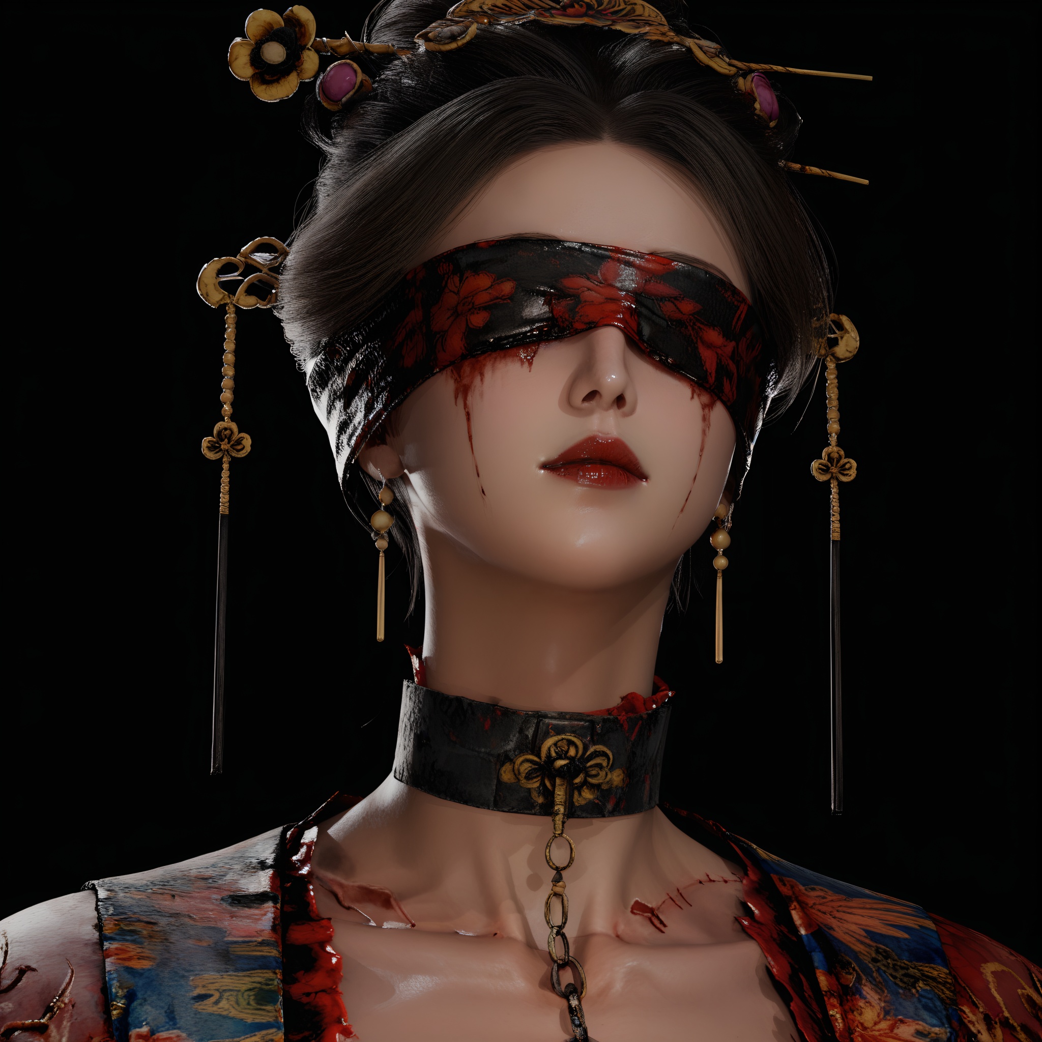 (score_9),front view,upper body,portrait,(focus on face),blindfold,solo,<lora:明末完美新娘-apony:0.85>,monster girl,hair ornament,updo,kanzashi,blood,tassel hair ornament,earrings,black hair,BREAK(dark_skin),light_skin,(Cinematic Lighting:1.1),simple background,black background,