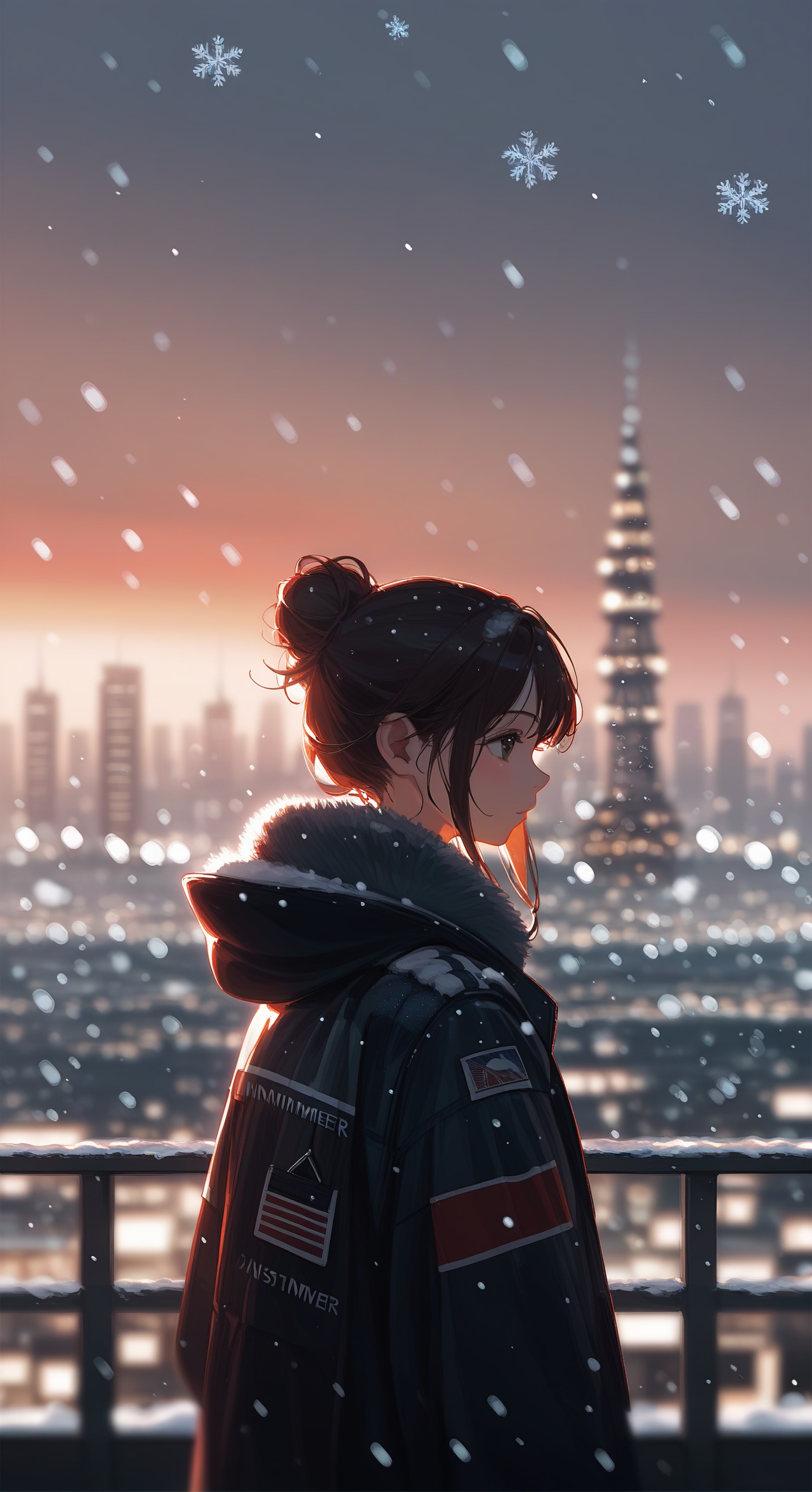score_9,score_8_up,impressionism,summer,winter,sunset,1girl's back,marvelous,cityscape,depth of field,snowing,