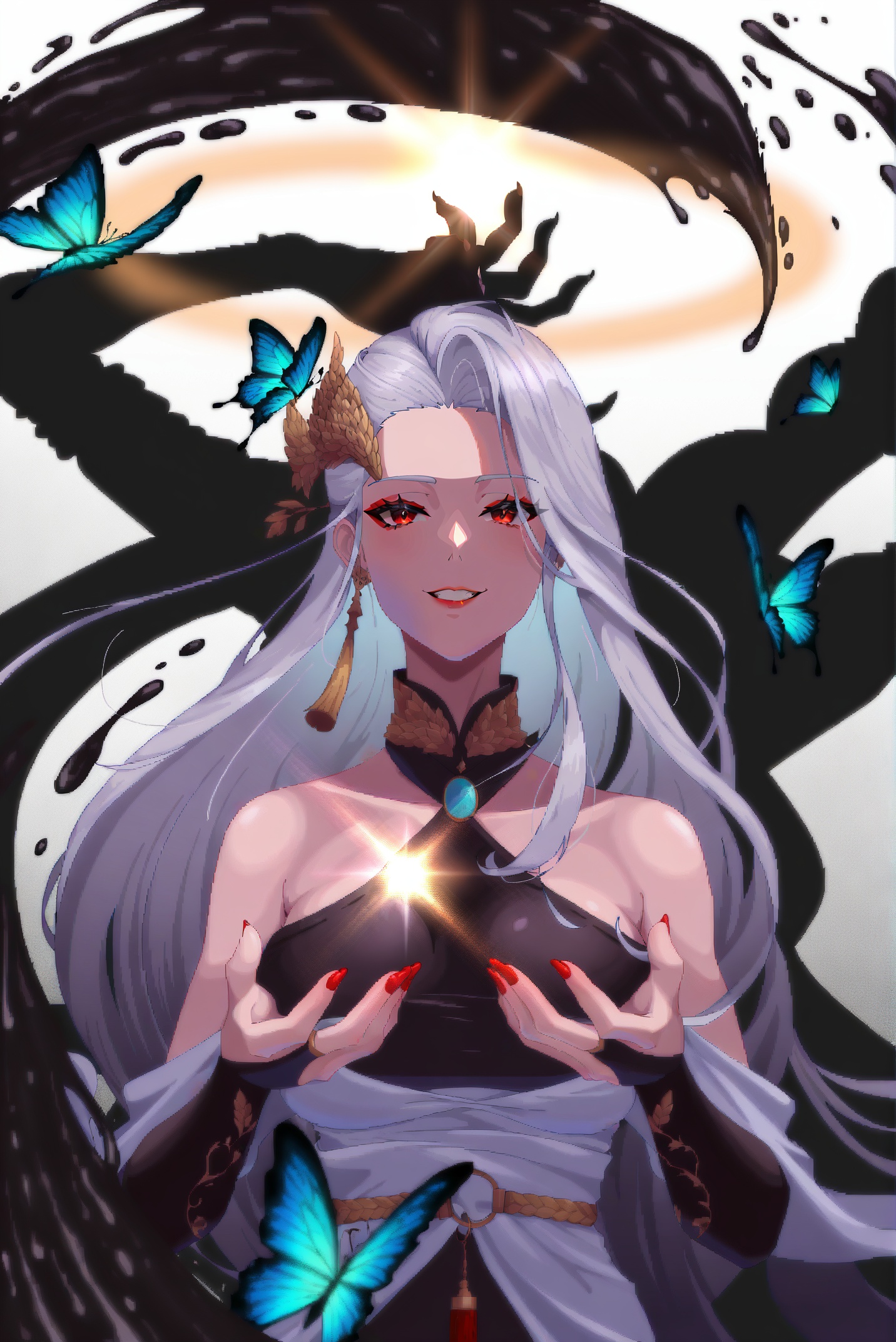 <lora:jiandie-000178:1>,vagabond \(dungeon and fighter\),clothes: vagabond def chinese clothes,red eyes,silver hair,vagabond hair ornament,1girl,solo,long hair,very long hair,white hair,open lips,breasts,smile,bare shoulders,medium breasts,nails,upper body,teeth,depth of field,holding,looking at the viewer,raising hands,looking up,standing,cowboy lens,blur,water,liquid,simple background,white background,(ink:1.3),butterfly,bug,flower,nail polish,masterpiece,high resolution,absurd,beautiful,very beautiful,drawing\medium\,charcoal\medium\,floral pattern,(light and shadow contrast:1.3),chaos art,bright colors,multicolor,high contrast,glitch background,Halo,Light particles,lens flare,