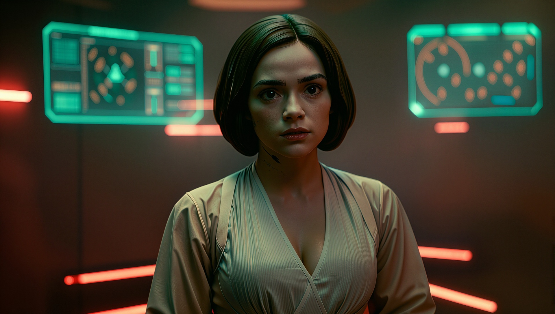 Princess Leia leading a rebel briefing,  holographic maps glowing in the dim war room,  determination in her eyes on Tenso...