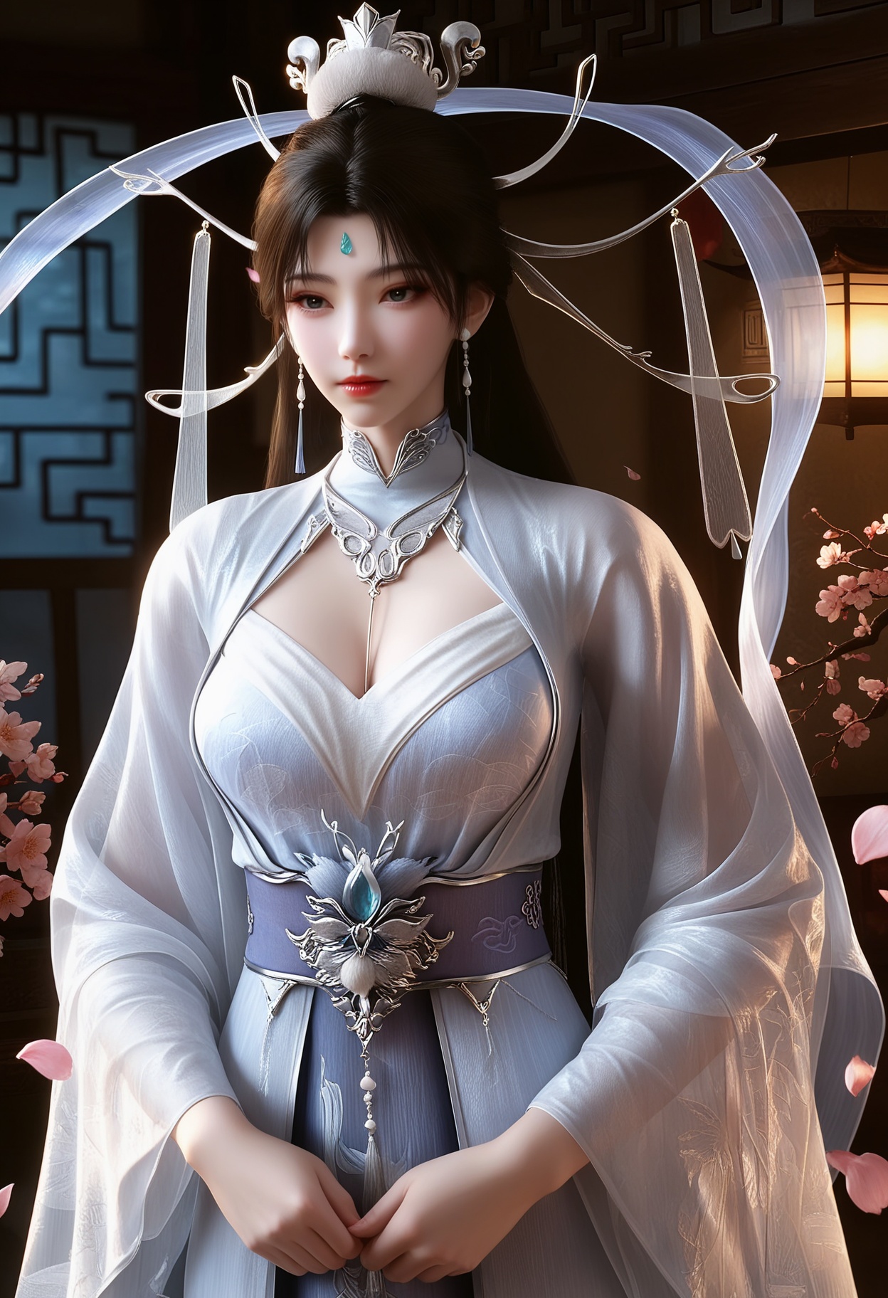 masterpiece,best quality,amazing quality,very aesthetic,high resolution,ultra-detailed,absurdres,scenery,photorealistic,(looking at viewer:1.1),upper body,(Dark room:1.3),(moody lighting:1.1),peach blossom,falling petals,(large breasts:0.8),chuyue,1girl,solo,black eyes,black hair,long hair,earrings,jewelry,dress,white dress,hair ornament,chinese clothes,forehead mark,hair bun,expressionless,closed mouth,long sleeves,shawl,shoes BREAK photorealistic details,<lora:QQSillchuyueV1:0.8>,