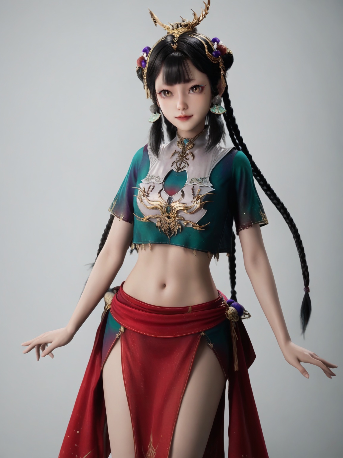 <lora:SF_XianQingEr_Pony_Realism-000004:0.7>,1girl,solo,dress,bangs,braid,crop top,hair ornament,standing,looking at viewer,black hair,long hair,white background,