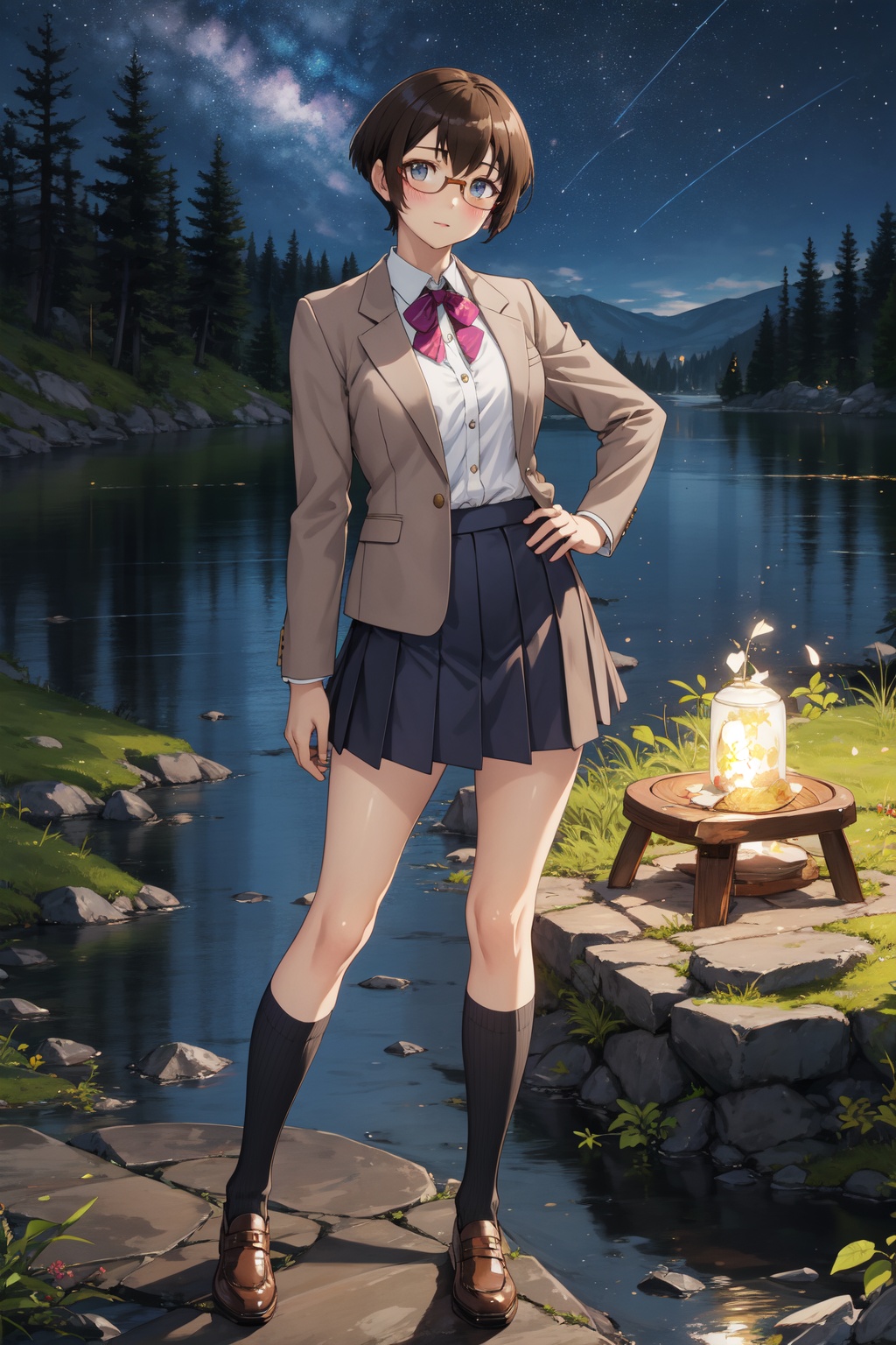 <lora:Manami-000015:0.8>,Manami cyql,1girl,looking at viewer,solo,short hair,brown hair,blue eyes,blush,glasses,semi-rimless eyewear,school uniform,blazer,skirt,socks,grin,portrait,beautiful face,beautiful eyes,glossy skin,shiny skin,Lake, Moonlight, Reflection, Stars, Trees, Tranquility, Night sounds, Campfire,(Heather blooms, Coastal cliffs, Ocean views, Coastal breeze, Heather carpet, Cliffside panorama:0.5),beautiful detailed sky,beautiful detailed glow,posing in front of a colorful and dynamic background,masterpiece,best quality,beautiful and aesthetic,contrapposto,female focus,wallpaper,fashion,