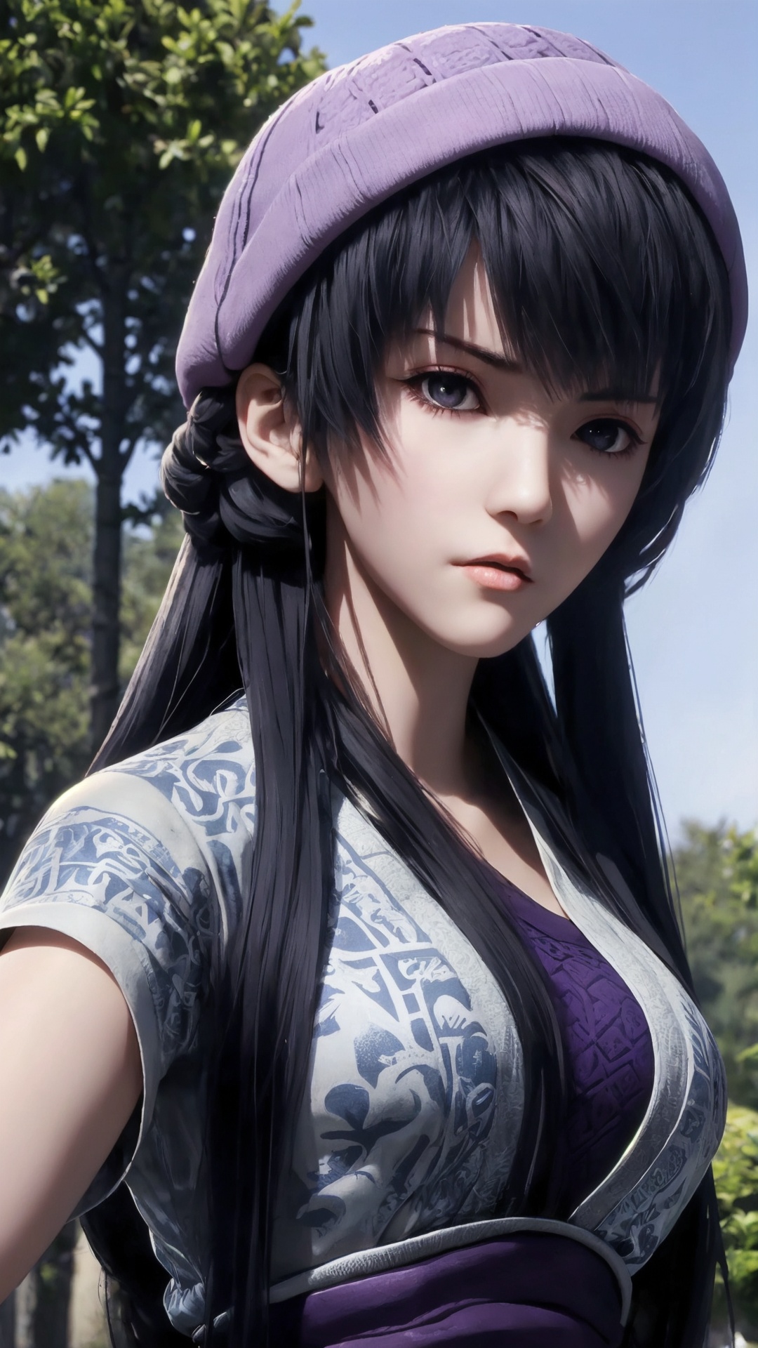 The image is a close-up portrait of a young woman with dark hair and a purple hat. She is wearing a black and gold outfit with intricate patterns and designs. The woman is holding a sword in her right hand and appears to be ready for battle. She has a serious expression on her face and is looking directly at the camera. The background is blurred,but it seems to be an outdoor setting with trees and a blue sky. The overall mood of the image is intense and dramatic.,<lora:1.5端木蓉(6):0.8>,