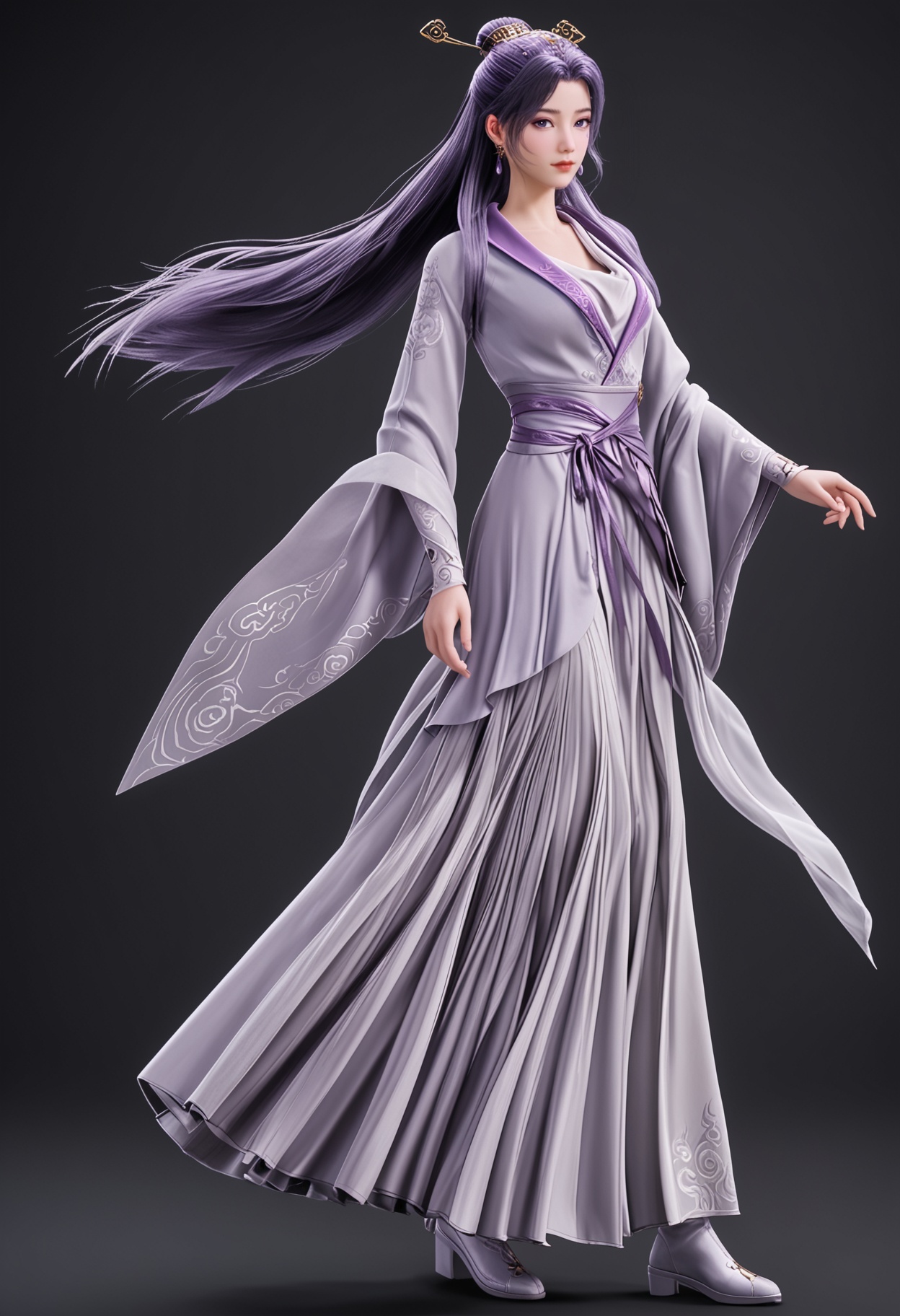 (standing full_body:1.1),(masterpiece:1.1),(best quality:1.2),(intricate details),(looking at viewer:1.1),facing viewer,direct gaze,<lora:YQ_pony_yunxiaoxianzi2.0_V5:0.8>,q1528437228,1girl,solo,long hair,purple hair,purple eyes,hair ornament,chinese clothes,dress,jewelry,earrings,hair stick,long sleeves,sash,facial mark,single hair bun,wide sleeves,blue eyes,boots,black hair,shawl,BREAK simple background,pure black background,black background,perfect anatomy,