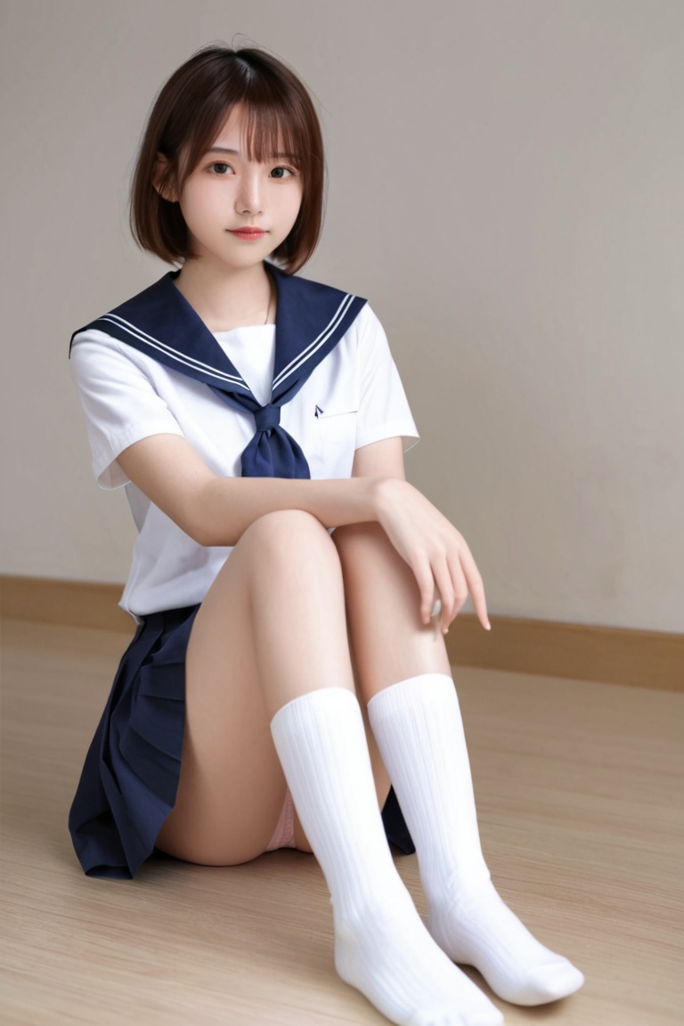 Score_9, Score_8_up, Score_7_up, reality, realistic, photorealistic, 2K, solo, neckerchief, blue skirt, serafuku, brown hair, short sleeves, blue neckerchief, facing viewer, pleated skirt, school uniform, skirt, short hair, sit on the floor, knee socks, Legs together, (panties:1.1), knee up