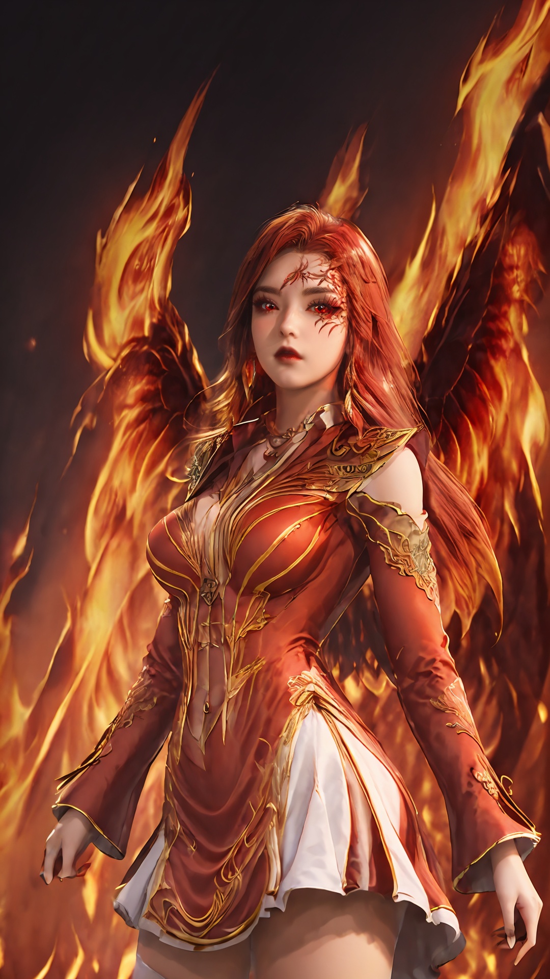 mxt,1girl,solo,jewelry,long hair,mxt_dress,forehead mark,fiery_wings,(flames of war:1.2),(nuclear explosion behide:1.2),upper_body,