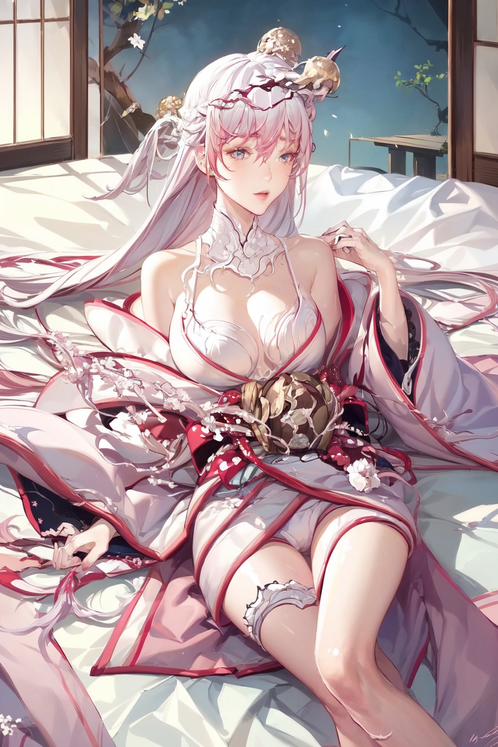 1girl,solo,Blue eyes, long hair, hair accessories, pink hair, very long hair, Japanese clothes, bare shoulders, cleavage, kimono, pink clothes, bare shoulders, thighs, perfect female body, beautiful face,,Indoors, Japanese architecture, Asian architecture, East Asian architecture, lying in bed,(lying:1.6),Milf<lora:EMS-339596-EMS:1.000000>, <lora:EMS-72737-EMS:0.300000>, <lora:EMS-93-EMS:0.500000>