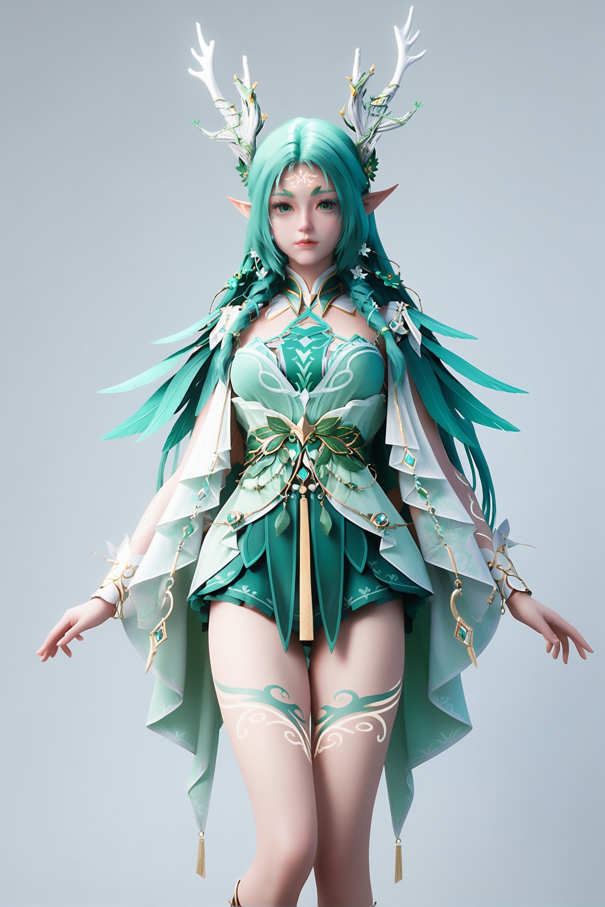 score_9,score_8_up,score_7_up,<lora:wy_yexiaolei_XL7.0:0.8>,1girl,long hair,breast,medium breast,hair_ornament,dress,green eyes,pointy ears,forehead mark,leg tattoo,thick_thighs,antlers,simple background,white_background,wetting,dark,