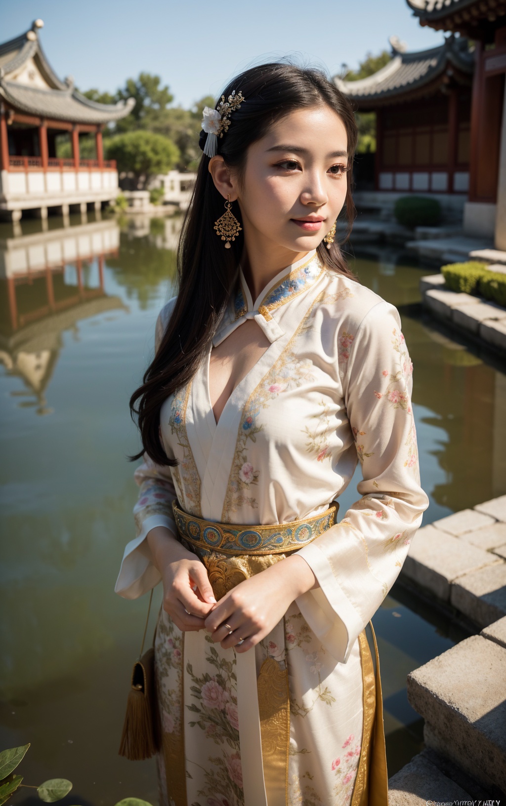 (art by Georgy Chernyadyev:1.3)(natural colors, correct white balance, color correction, dehaze,clarity),RAW photo,full sharp,wallpapper 8k uhd,dslr,soft lighting,high quality,Fujifilm XT3,An ancient Chinese garden,Gorgeous ancient Chinese headdress,Hairpins,Yingluo,Full body like,(masterpiece, top quality, best quality, official art, beautiful and aesthetic:1.2),Upper body close-up,clear pool,Stand by the pond,(photoreal:1.5),upper body,photo,intricate designs,textile art,handmade details,creative expression,Outdoor,wide aperture,shallow depth of field,Background of ancient Chinese architecture,(Background atomization:1.4),sharp focus,smile,