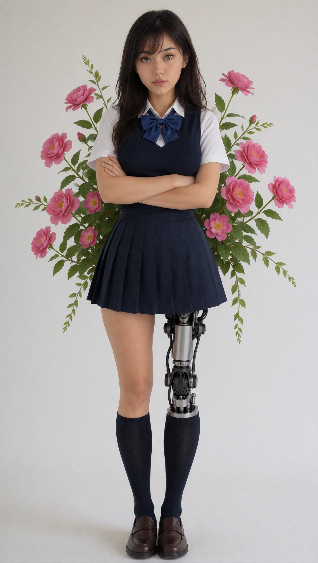 A woman with robot lower body stands front-facing,  arms crossed,  tears streaming on Tensor.Art