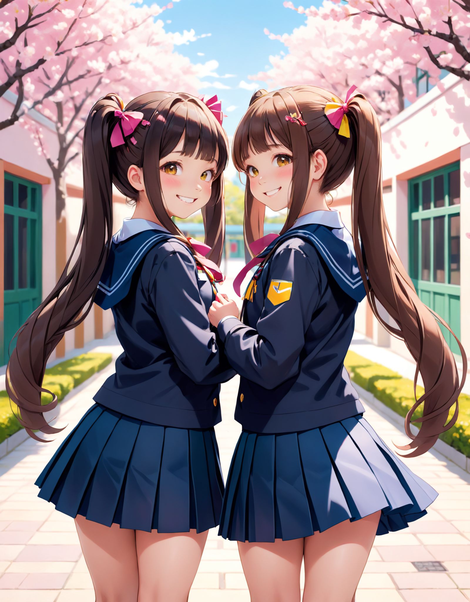 Illustration of two girls with long hair styled in twin tails,  standing back to back and smiling. Both girls have colorfu...