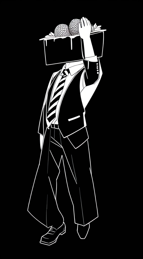 mty,black background, formal, greyscale, letterboxed, male focus, monochrome, necktie, shirt, solo, striped, suit, transparent background, black background, food, transparent background