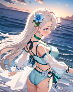 ray tracing,highres absurdres,masterpiece,bestquality,higher quality,best quality,blush,aesthetic,very aesthetic,best quality,hight quality,hight,vision,newest BREAK <lora:nailin-asoul-a3a:0.6>,1girl,long hair,solo,swimsuit,blue eyes,sky,white earrings,outdoors,bikini,see-through sleeves,blue sky,ocean,day,breasts,water,green choker,cloud,white hair flower,cowboy_shot,blue short,back,