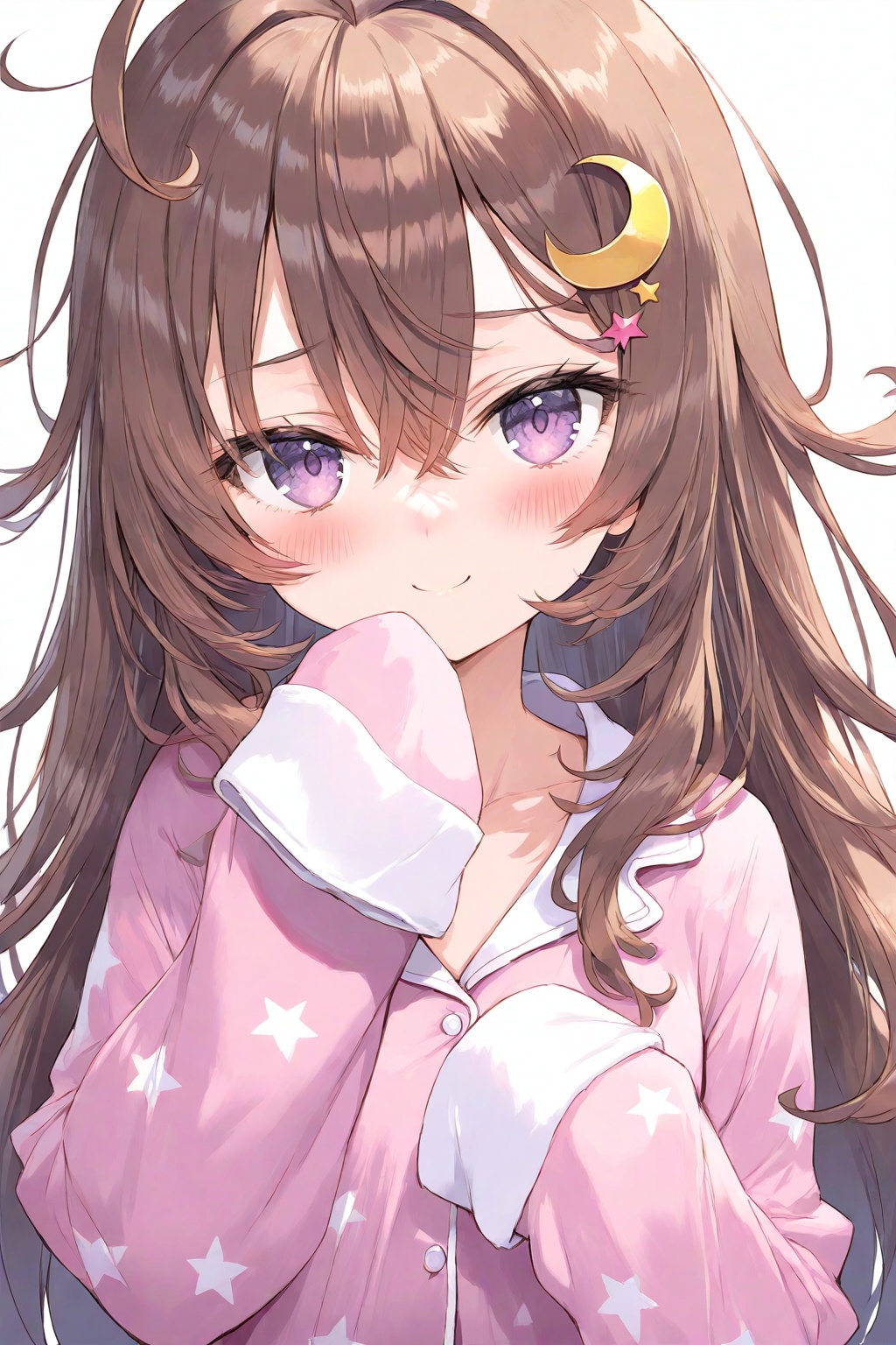 1girl,solo,long hair,looking at viewer,blush,smile,bangs,brown hair,shirt,hair ornament,long sleeves,white background,hair between eyes,very long hair,closed mouth,purple eyes,upper body,ahoge,virtual youtuber,star \(symbol\),sleeves past wrists,crescent,messy hair,sleeves past fingers,pink shirt,pajamas,star print,