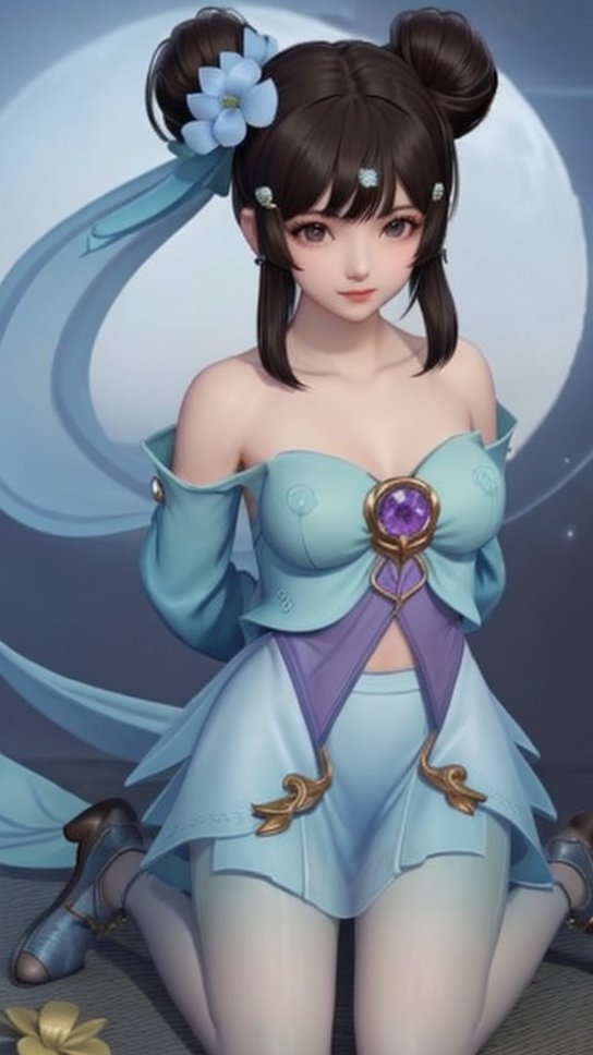 (1girl),smooth chin,masterpiece,detailed face,((hair ornament)),top quality,4k,make up,best quality,medium breasts,(looking at viewer),long legs,double bun,jewelry hair,dress,detached sleeves,ribbon,shawl,light blue skirt,puffy pants,hair rings,hair flower,(wariza),(arms behind back),bangs,jewelry on bangs,<lora:王者小乔青蛇SD_v1.0:0.6>,
