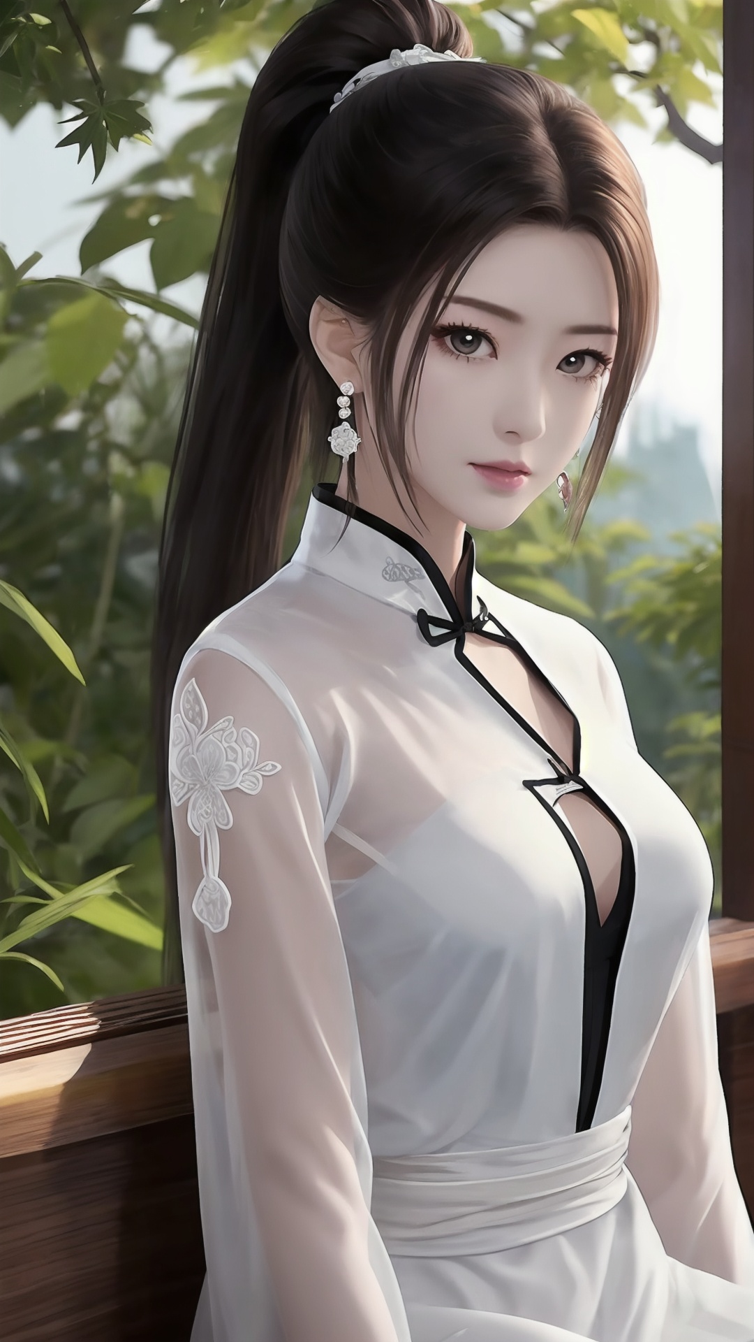 1girl,solo,earrings,jewelry,sitting,dress,white dress,long hair,flower,ponytail,black hair,hair bun,long sleeves,upper body,sash,chinese clothes,looking at viewer,leaf,expressionless,brown hairr,<lora:CaoNvYaoNightwear:0.64>,