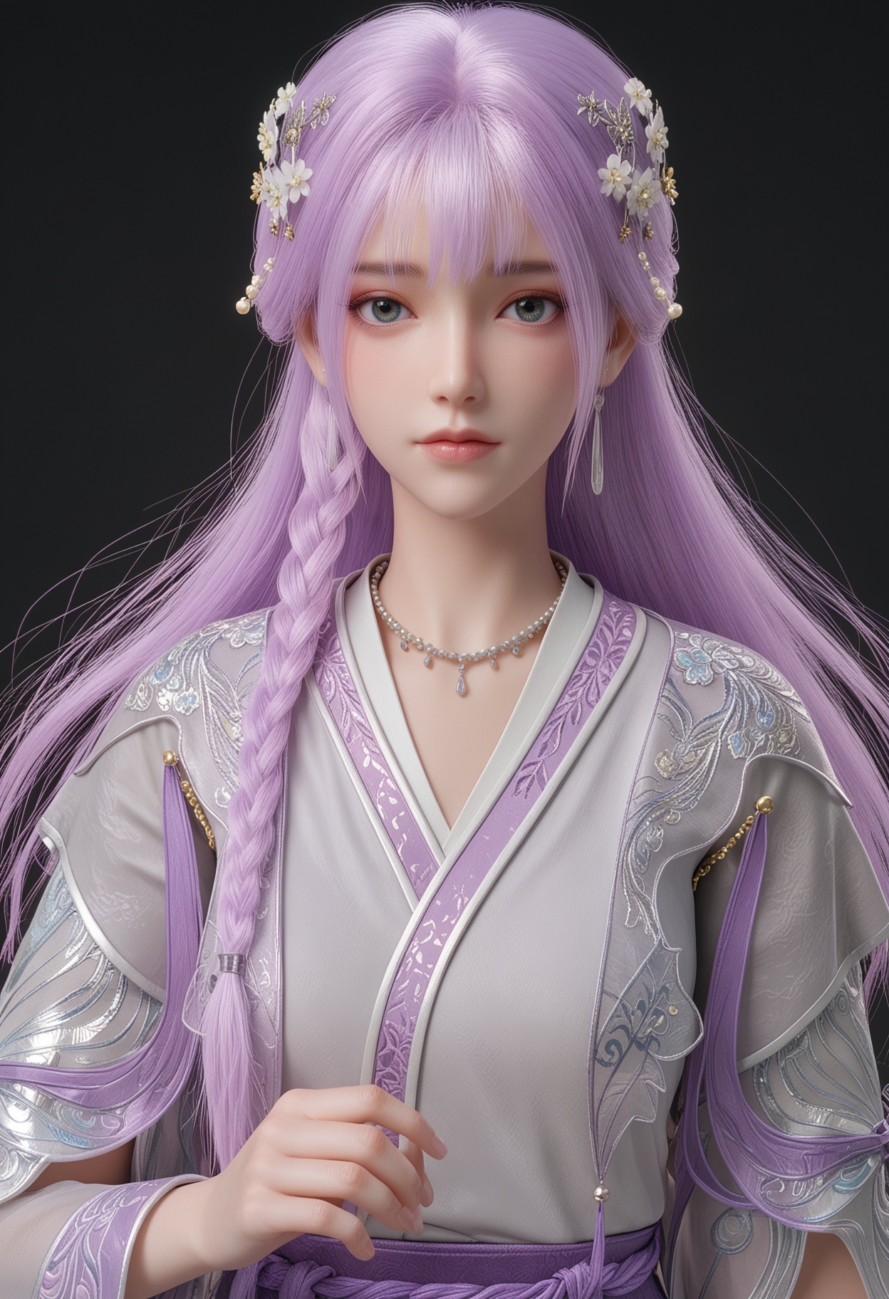 (upper_body:1.2),score_9,score_8_up,masterpiece,(best quality),intricate details,facing viewer,(looking at viewer:1.1),<lora:YQ_pony_tianqiong_shaonv_V4:0.8>,q1528437228,1girl,solo,long hair,purple hair,jewelry,hair ornament,earrings,braid,necklace,dress,hair flower,blue eyes,pink hair,chinese clothes,green eyes,side braid,grey eyes,japanese clothes,wide sleeves,long sleeves,sash,robe,BREAKscore_9,score_8_up,masterpiece,(best quality),perfect anatomy,(hourglass),perfect face,(simple background,pure black background,black background:1.1),fair_skin,shiny_skin,Ivory_skin,