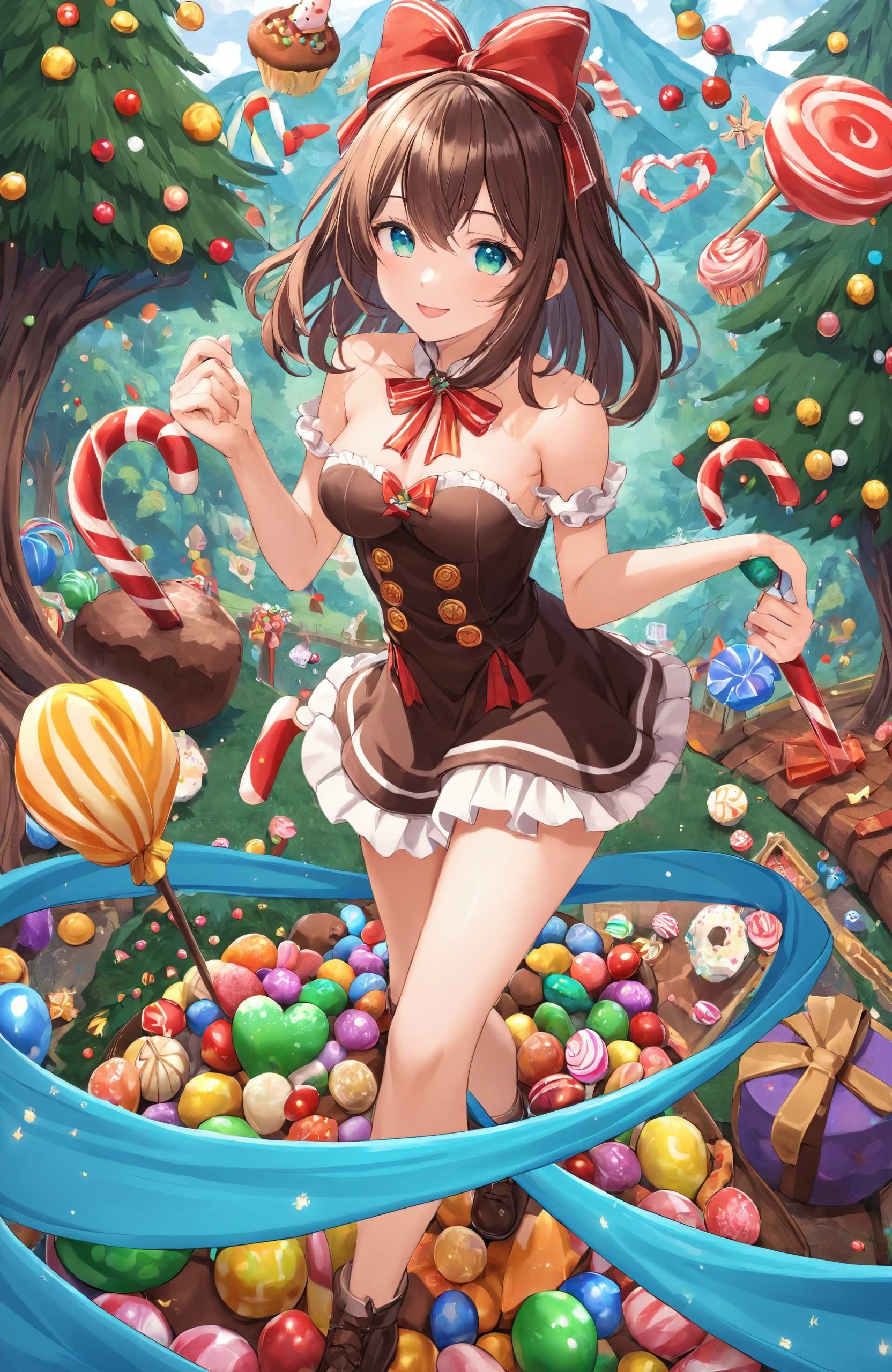 "Candyland Adventure, a girl exploring a world made of sweets, with candy canes as trees and chocolate rivers, her eyes filled with wonder."