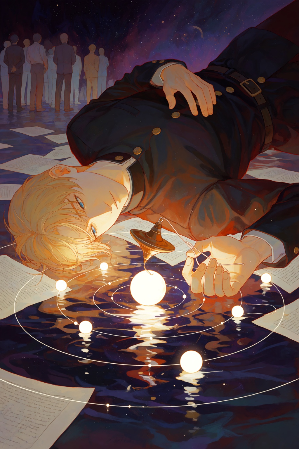 A high-angle,  inverted shot depicts a sad man with short blonde hair and blue eyes lying down while holding a small woode...