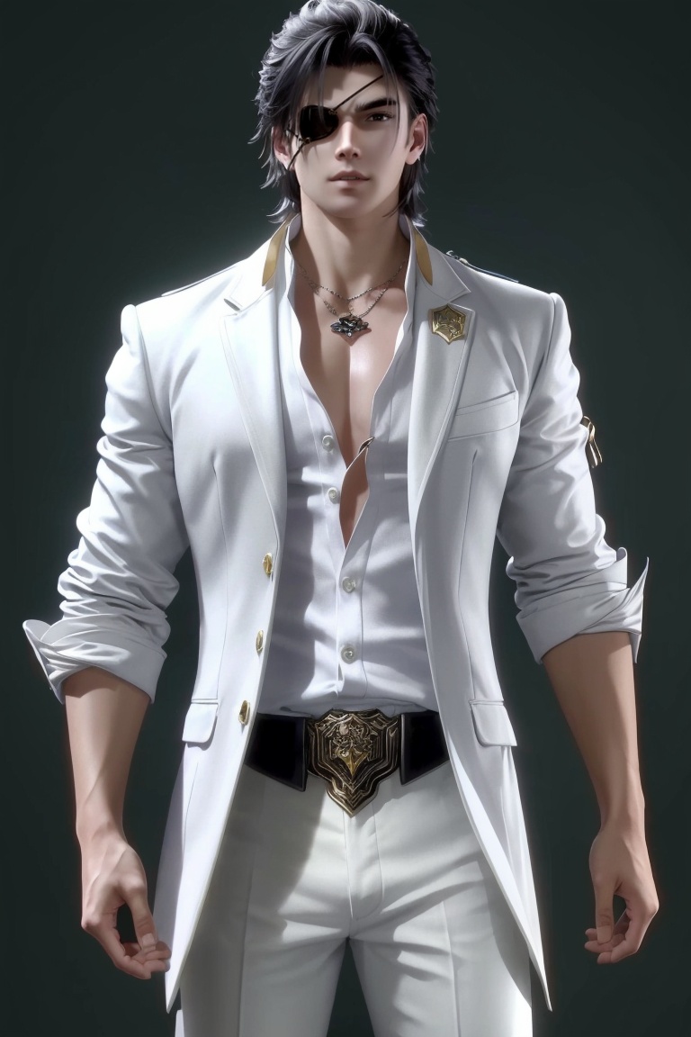 ((HRD, HUD, 8K)),((masterpiece, best quality)), highly detailed, soft light,1boy, solo, black hair, brown eyes, eyepatch, scar, scar on face,necklace, jewelry, muscular,(white shirt:1.2), (white blazer:1.2), necktie,simple background, white background, cowboy shot, standing, looking at viewer,  <lora:20240325-1711375441925:0.68>
