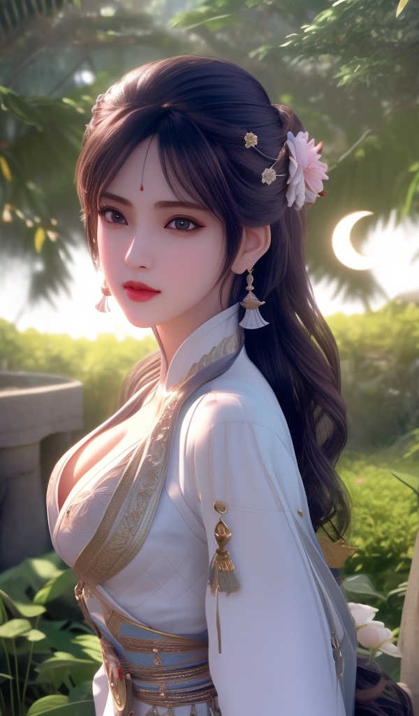 <lora:754-DA-眷思量-须灵犀-V2:0.8>, (,1girl, ,best quality, ),looking at viewer,  ,,ultra detailed background,ultra detailed background,ultra realistic 8k cg, ,masterpiece, (( , )),, realistic,science fiction,mole, ultra realistic 8k cg, ,     ,crescent moon, jasmine \(flower\),     (cleavage),,  (),
