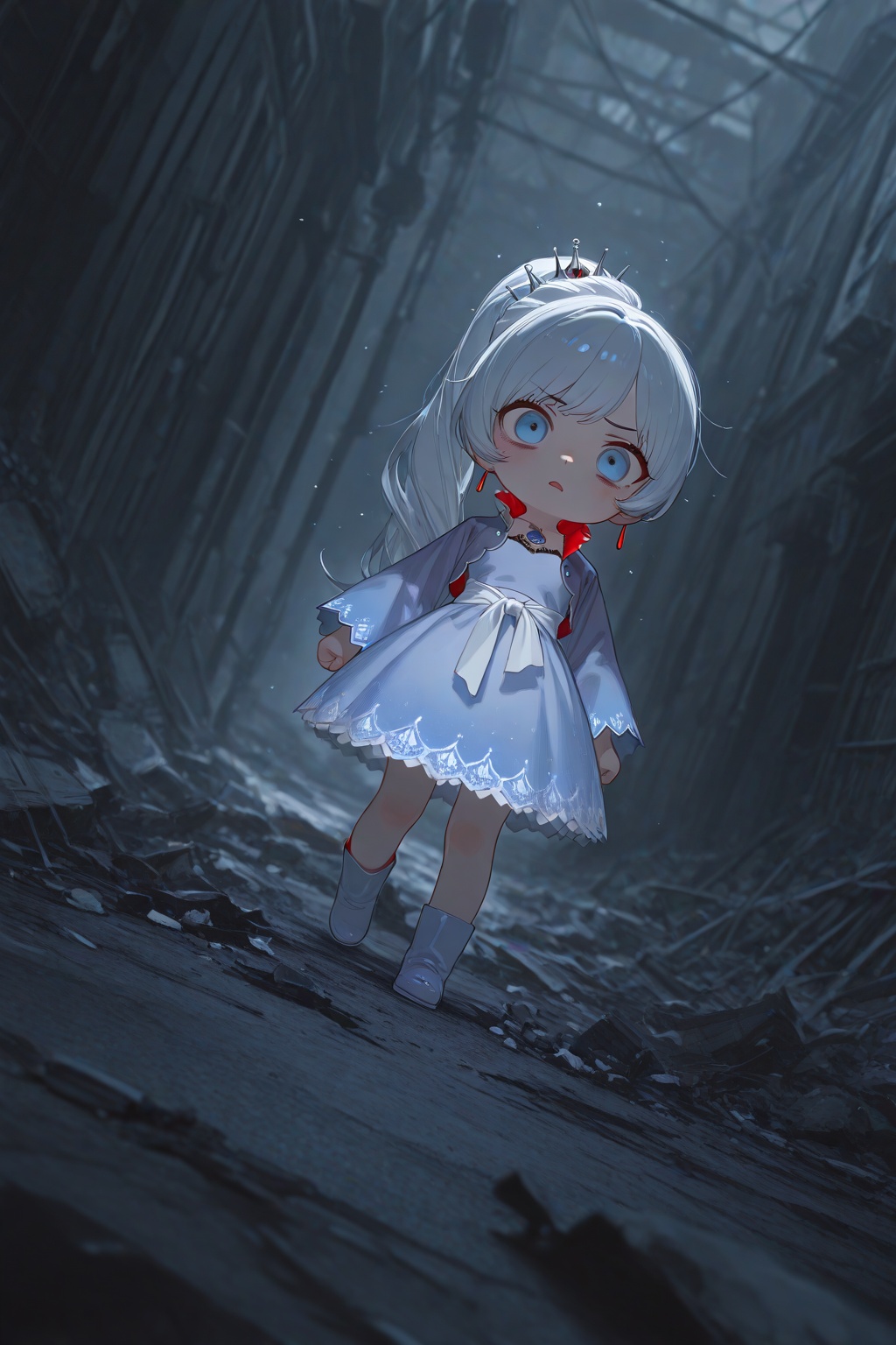 masterpiece,best quality,amazing quality,very aesthetic,absurdres,newest,extreme aesthetic,light particles,sharp focus,Emotionalization,depth of field,dutch angle,{{artist:toddler}},artist:henreader,artist:ciloranko,[artist:sho_(sho_lwlw)],[[tianliang duohe fangdongye]],1girl,weiss schnee,rwby,scary scenes,an eerie scene,broken scene,chibi,