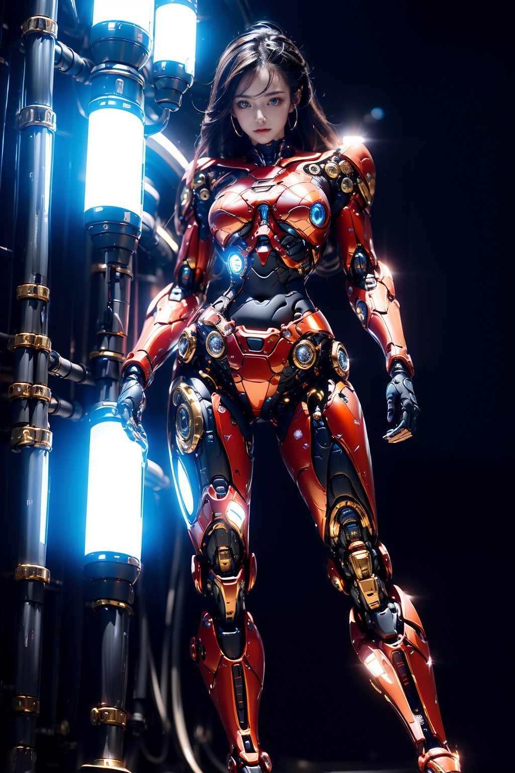 masterpiece,best quality,(highly detailed),1girl,cyborg,street,full body,day light,bright light,hjyrobo,wide angle,(shining blue lighting  core in middle brest:1.1),black background,<lora:hjyrobo3-000014:1.1>,very long hair,red and gold,