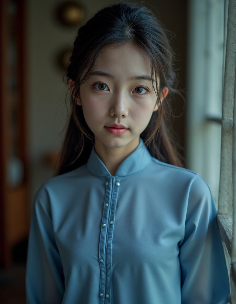 HDR photo of cinematic film still, teenage,chinese girl,full body,realistic,blue dress,looking at viewer