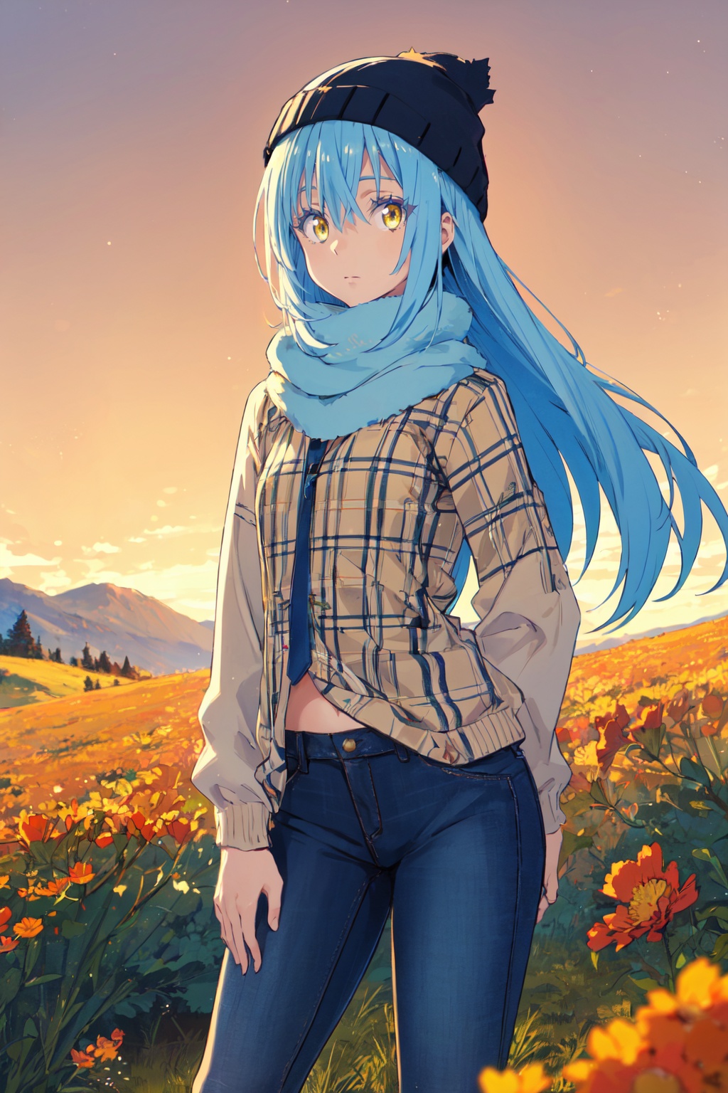 1other,looking at viewer,solo,androgynous,blue hair,long hair,hair between eyes,bangs,yellow eyes,standing,flannel shirt, jeans, beanie, boots, scarf,<lora:Rimuru:0.8>,Rimuru_CYQL,cowboy_shot,beautiful face,beautiful eyes,glossy skin,shiny skin,California poppies, Rolling hills, Orange hues, Golden hour, California landscape, Dusk sky,beautiful detailed sky,beautiful detailed glow,posing in front of a colorful and dynamic background,masterpiece,best quality,beautiful and aesthetic,contrapposto,female focus,wallpaper,fashion,