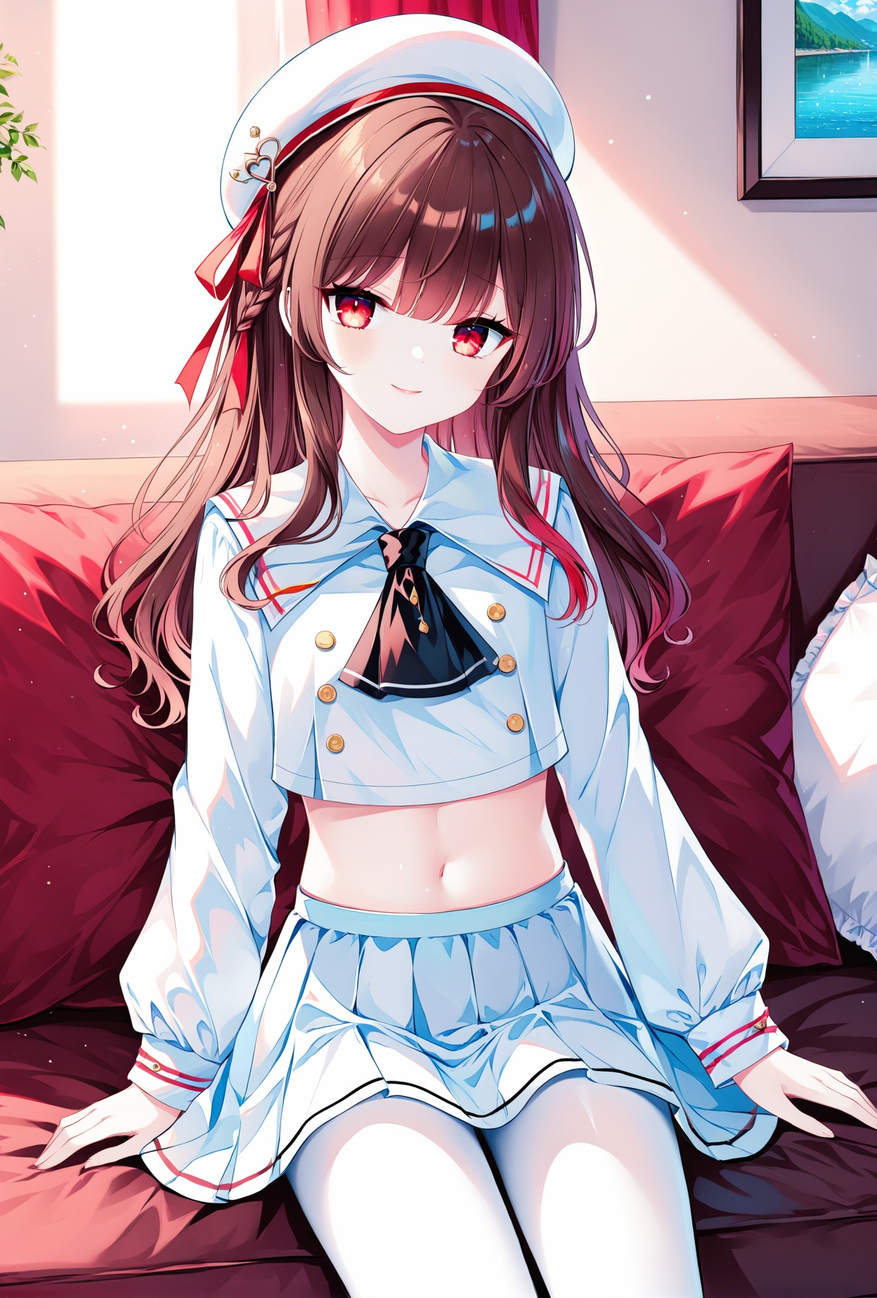 (masterpiece), (best quality), illustration, ultra detailed, hdr, Depth of field, (colorful),[sheya],[hiten \(hitenkei\):0.6, ]school uniform, white serafuku, double-breasted,white pantyhose,hat ,crop top,    aoi,brown hair, red eyes, long hair,hair ribbon,living room,smile,<lora:JanusUniformXLAni3.1:1>,<lora:AoiXLani3:1>