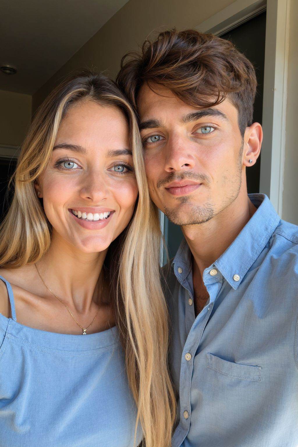This is a photograph of a young couple posing for a selfie indoors. The woman,  with long blonde hair,  wears a blue boatn...
