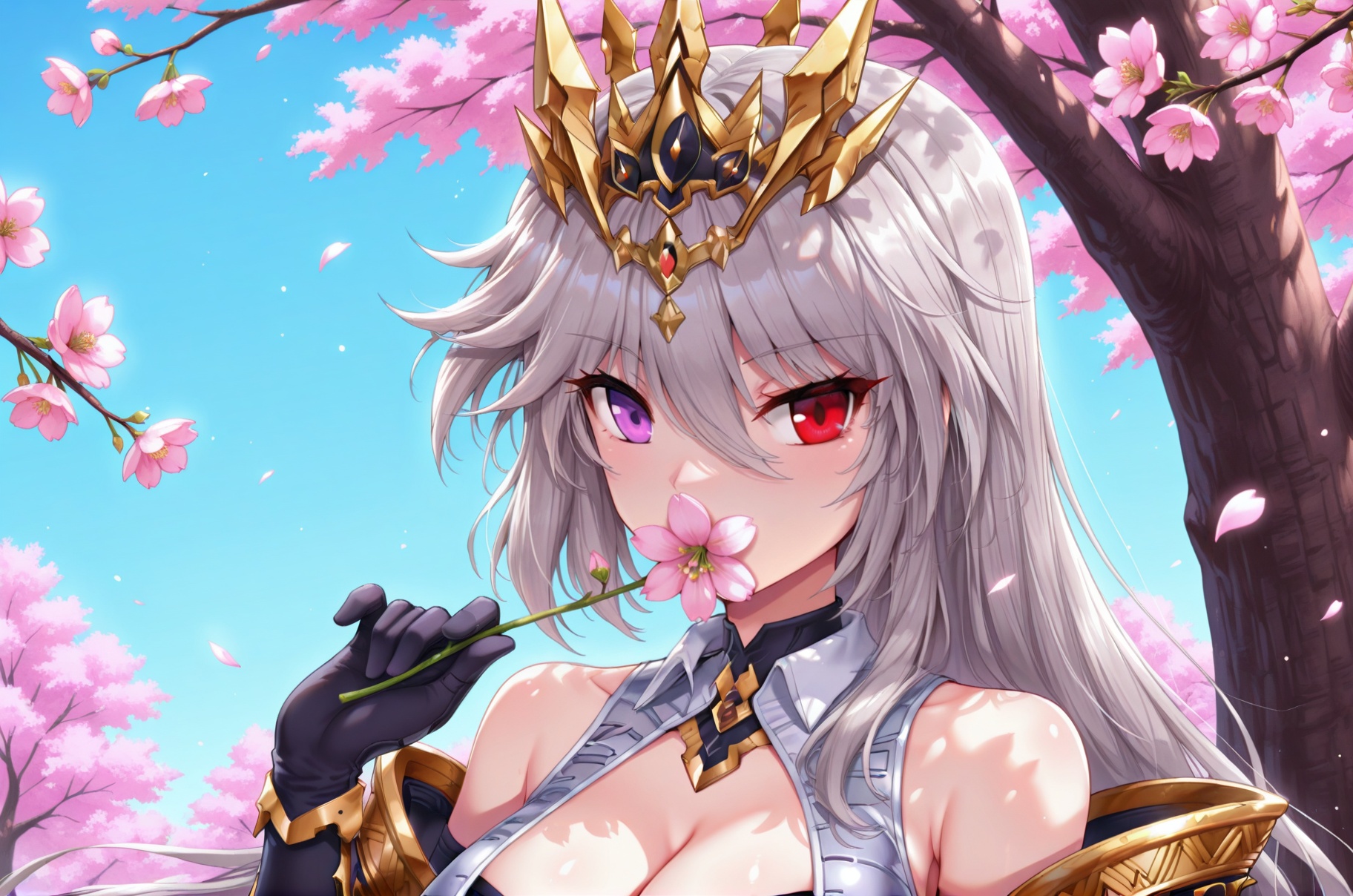 <lora:逢魔时王:1>,fmsw,solo,long hair,bangs,red eyes,purple eyes,grey hair,armor,heterochromia,breasts,large breasts,red eyes,thighhighs,gloves,cleavage,black gloves,armor,clothing cutout,heterochromia,asymmetrical legwear,circlet,golden crown,1girl,solo,cherry blossoms,shirt,holding,petals,flower,looking at viewer,upper body,branch,pink flower,white shirt,bare shoulders,collared shirt,sleeveless shirt,holding flower,outdoors,falling petals,day,sky,blue sky,leaf,eyelashes,light particles,dappled sunlight,sunlight,pink theme,tree,covering mouth,hand up,covered mouth,