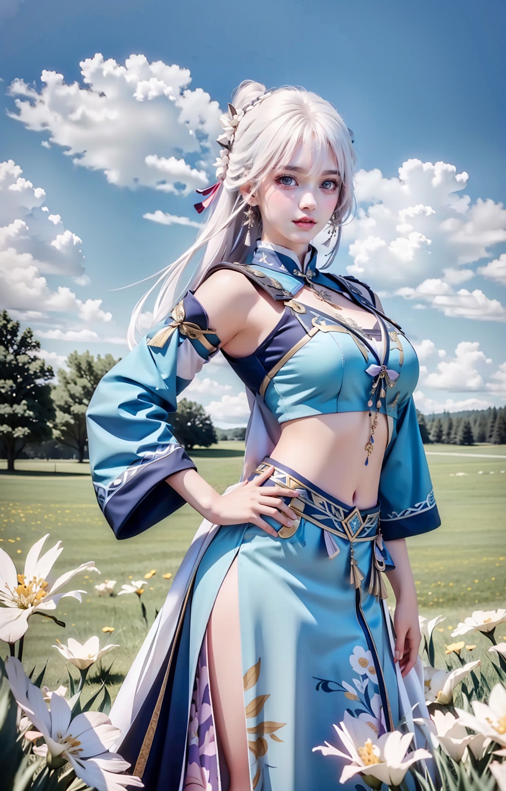 a woman in a costume standing in a field of flowers with her hands on her hips and her hair blowing in the wind,Du Qiong,final fantasy,a character portrait,fantasy art,absurdres,highres,wallpaper,colorful,thick eyebrows,pupils,bright_pupils,makeup,eyeshadow,lipstick,long_eyelashes,mascara,face_focus,eyes_focus,front view,looking_at_viewer,<lora:王者荣耀-杨玉环:0.8>,white hair,