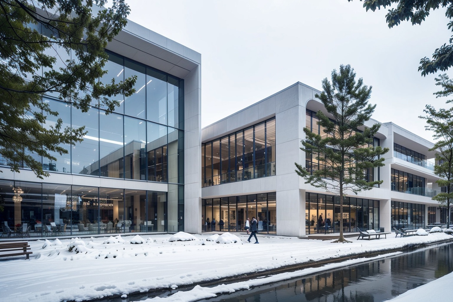 this is a curved building,white concrete,gradient texture,building,outdoors,Transparent glass,snow cover,snowy scenery,tree,sky,water,grass,day,blue sky,reflection,scenery,