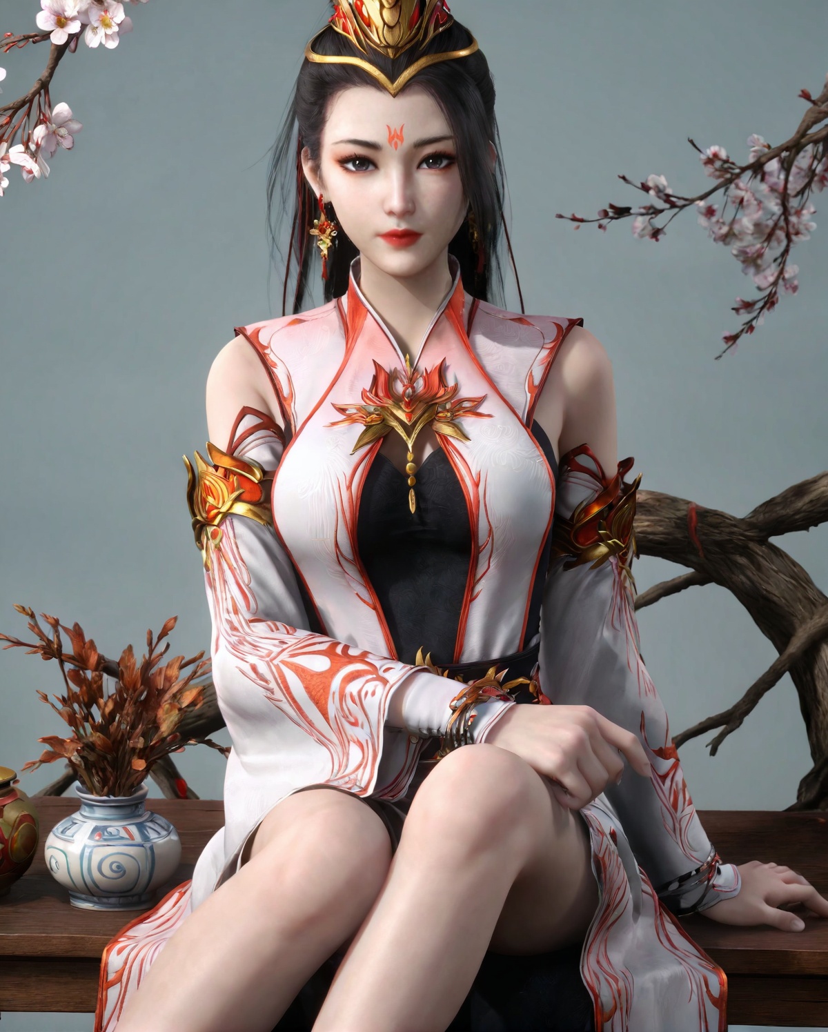 <lora:SF_JiuJiu_Pony_Realism-000003:0.7>,1girl,solo,flower,dress,earrings,detached sleeves,facial mark,forehead mark,hair ornament,jewelry,sitting,looking at viewer,branch,black hair,long hair,hair bun,