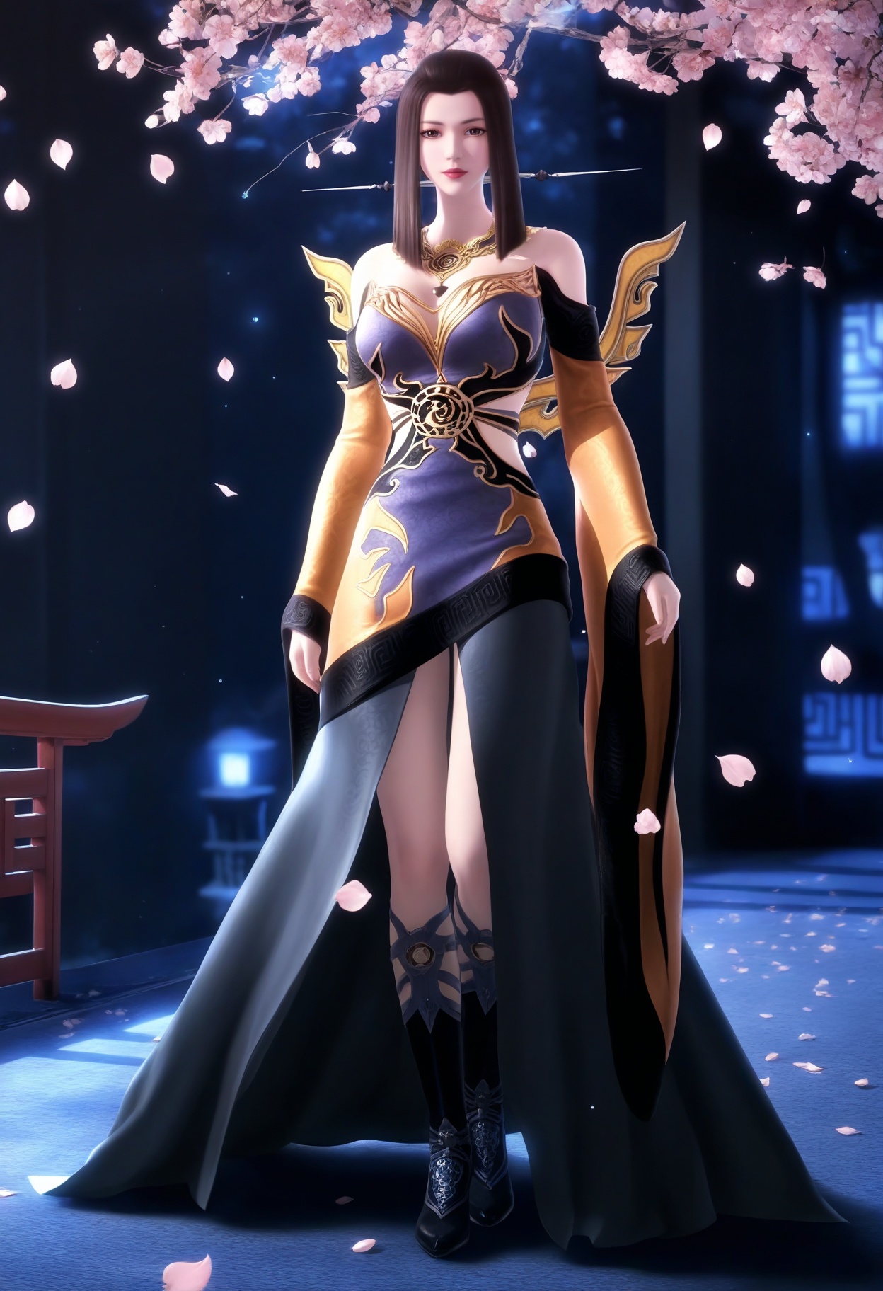 masterpiece,best quality,amazing quality,very aesthetic,high resolution,ultra-detailed,absurdres,scenery,photorealistic,(looking at viewer:1.1),(Dark room:1.3),(moody lighting:1.1),peach blossom,falling petals,(large breasts:0.8),yanfei,1girl,solo,long hair,black hair,brown hair,jewelry,dress,brown eyes,necklace,hair ornament,earrings,boots,ponytail,sidelocks,armor,detached sleeves,black footwear,high heels BREAK photorealistic details,<lora:QQSillyanfeiV1:0.8>,