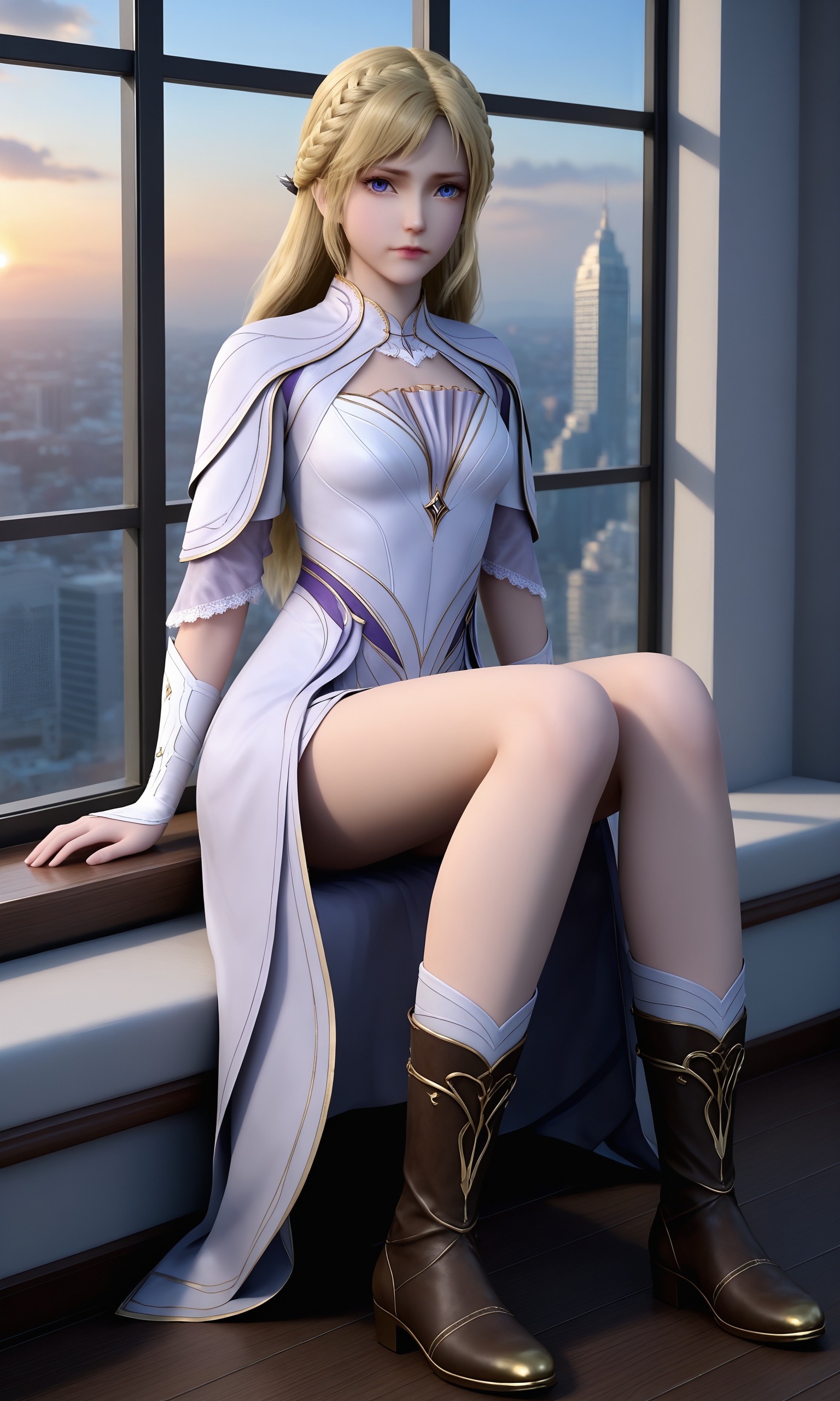 <lora:斗罗大陆-少女千仞雪pony:0.7>,1girl,long,blonde hair,loose braid,blue eyes,form-fitting,white and silver armor,high collar,sleek,silver accents,high neckline,long sleeves,long,flowing skirt,bare legs,knee-high,brown boots with gold trim,, 1girl,solo,sitting,window,frills,sky,cloud,indoors,cityscape,closed_mouth,sun,looking at viewer,