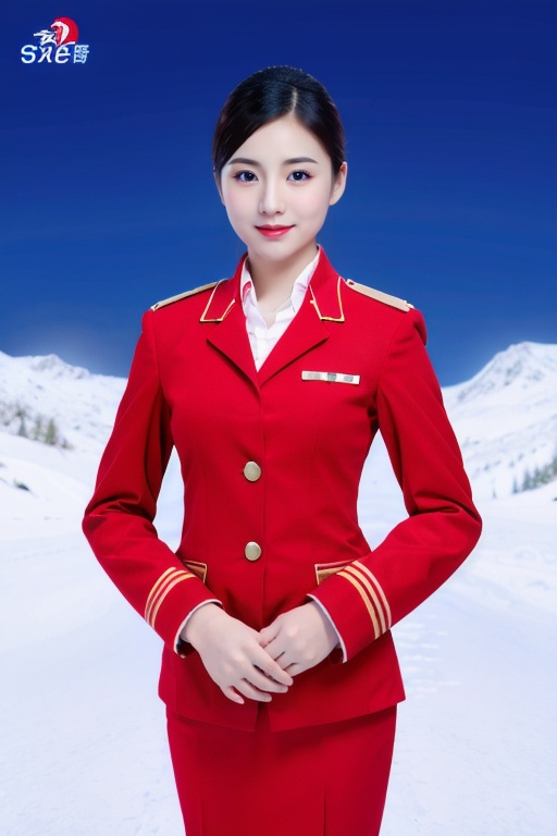 1 girl, full body, high quality face, high detailed face skin, outdoor,looking_at_viewer, red uniform, solo,black hair,black eyes,  snow background, (snow: 1.3),  <lora:ShenHang:0.6>