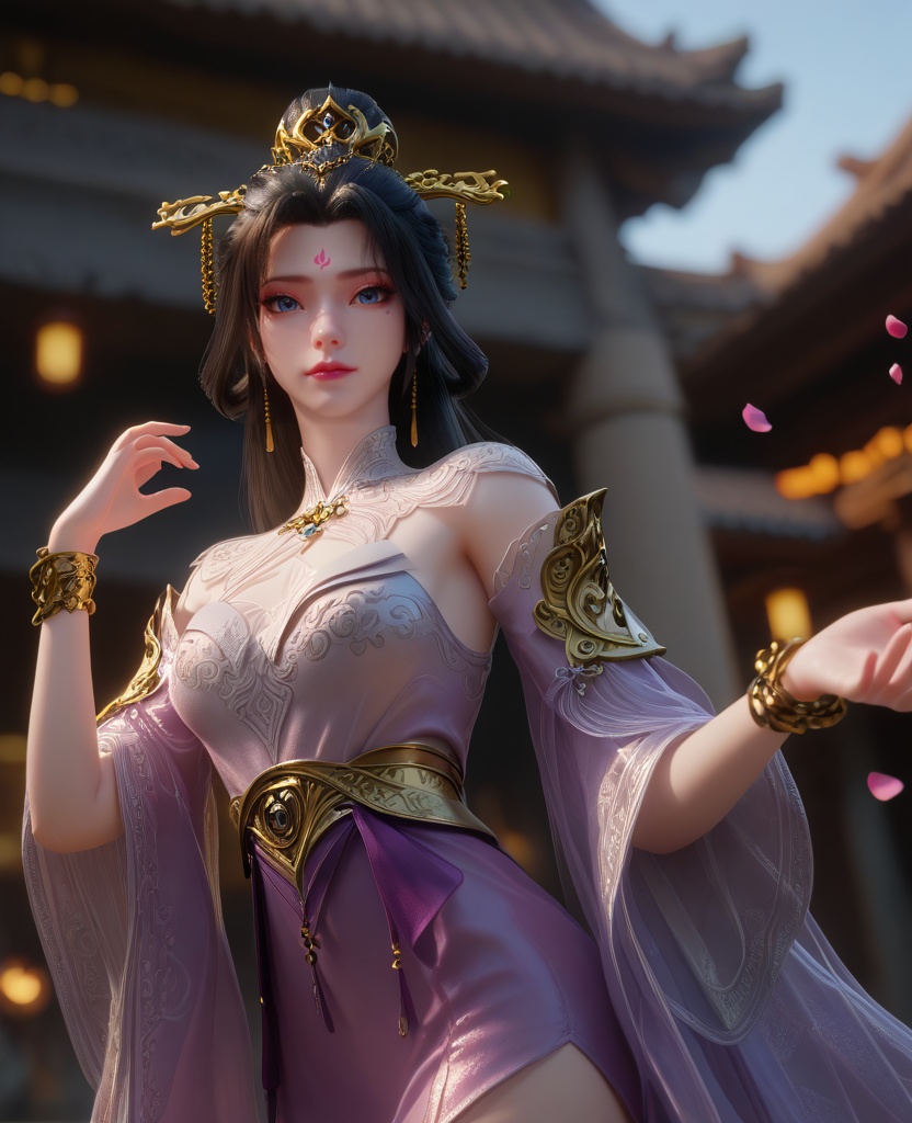 (oriental architecture, elegant decor, sophisticated style:1.1),(horns pose:1.1),(breasts:1.2),<lora:XL16克金玩家梅妃:0.95>,miss meifei,purple high slit corset dress,blue eyes,facial mark,black hair,draped looped buns with long cascading hair,hair ornament,jewelry,see-through capelet,bracelet,petals,, score_9,score_8_up,score_7_up,score_6_up,score_5_up,score_4_up,3d rendering,tag1,tag2, Cinematic Lighting,backlighting,, zPDXL3, zPDXL2,zPDXL, zPDXLxxx, zPDXLrl,