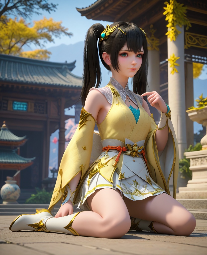 (oriental architecture, elegant decor, sophisticated style:1.1),Kneeling, one hand on the ground, looking forward,,(breasts:1.2),<lora:XL16大主宰叶笋儿:0.95>,preteen girl,yellow camisole,green eyes,black hair,twintails,hair ornament,wide flowing sleeves,white pleated skirt,white boots,, zPDXL2, score_9, score_8_up, score_7_up BREAK realistic, masterpiece,best quality, highly detailed,, zPDXL3, zPDXL2,zPDXL, zPDXLxxx, zPDXLrl,