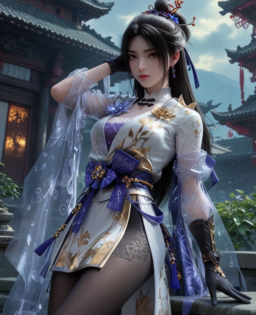 (oriental architecture, elegant decor, sophisticated style:1.1),(Resting gracefully on her side, one hand under her head and legs slightly bent, she embodies relaxation and leisurely beauty:1.1),(breasts:1.2),<lora:XL32顾清寒冰雁:0.95>,miss guqinghan,white dress,purple lingerie,sash,black hair,long hair,hair ornament,black gloves,black pantyhose,fart curtain,, score_9,score_8_up,score_7_up,score_6_up,score_5_up,score_4_up,3d rendering,tag1,tag2, Cinematic Lighting,backlighting,